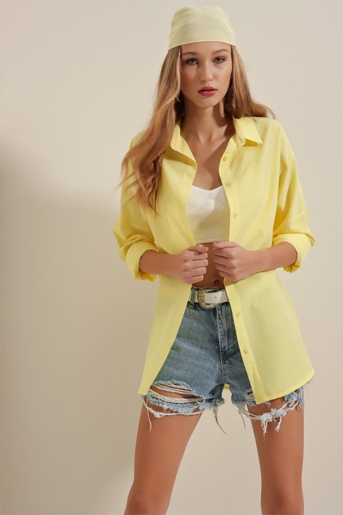 1001moda-3900 Oversize Long Basic Shirt - Yellow 3