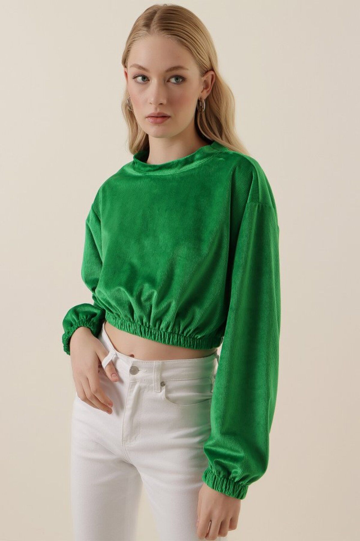 Albayrak 55392 Kadife Crop Bluz - Yeşil
