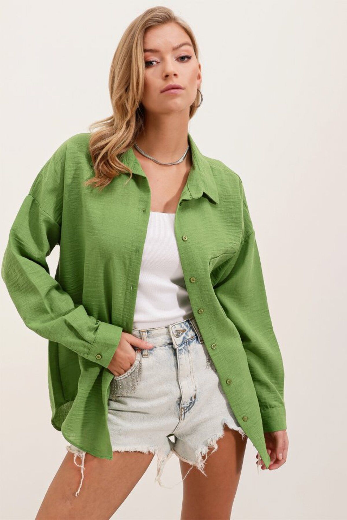 TUA MODA TUA MODA 20153 Tek Cepli Oversize Gömlek - E.Yeşil