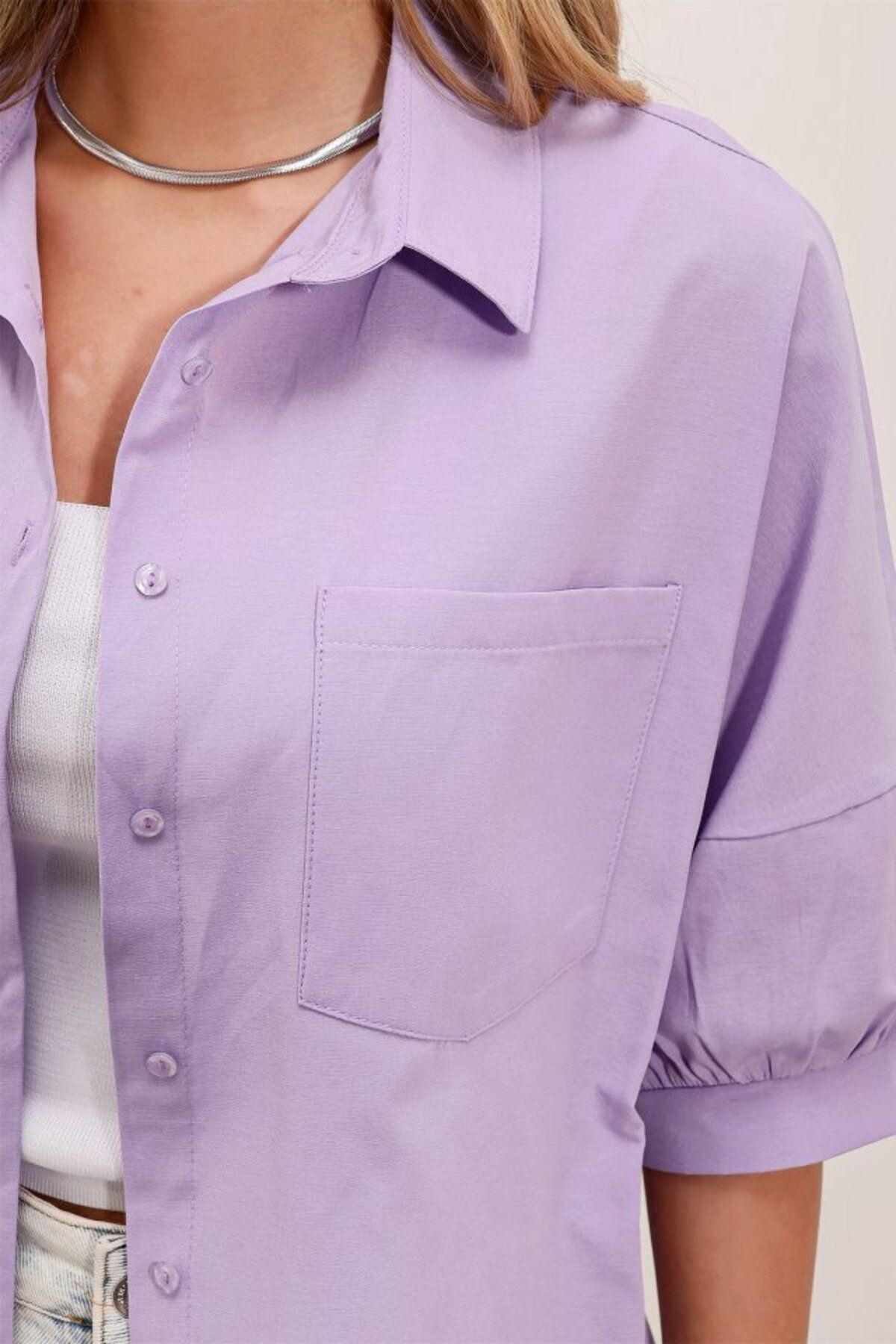 gelirr 20213 Oversize Kısa Kol Basic Gömlek - Lila