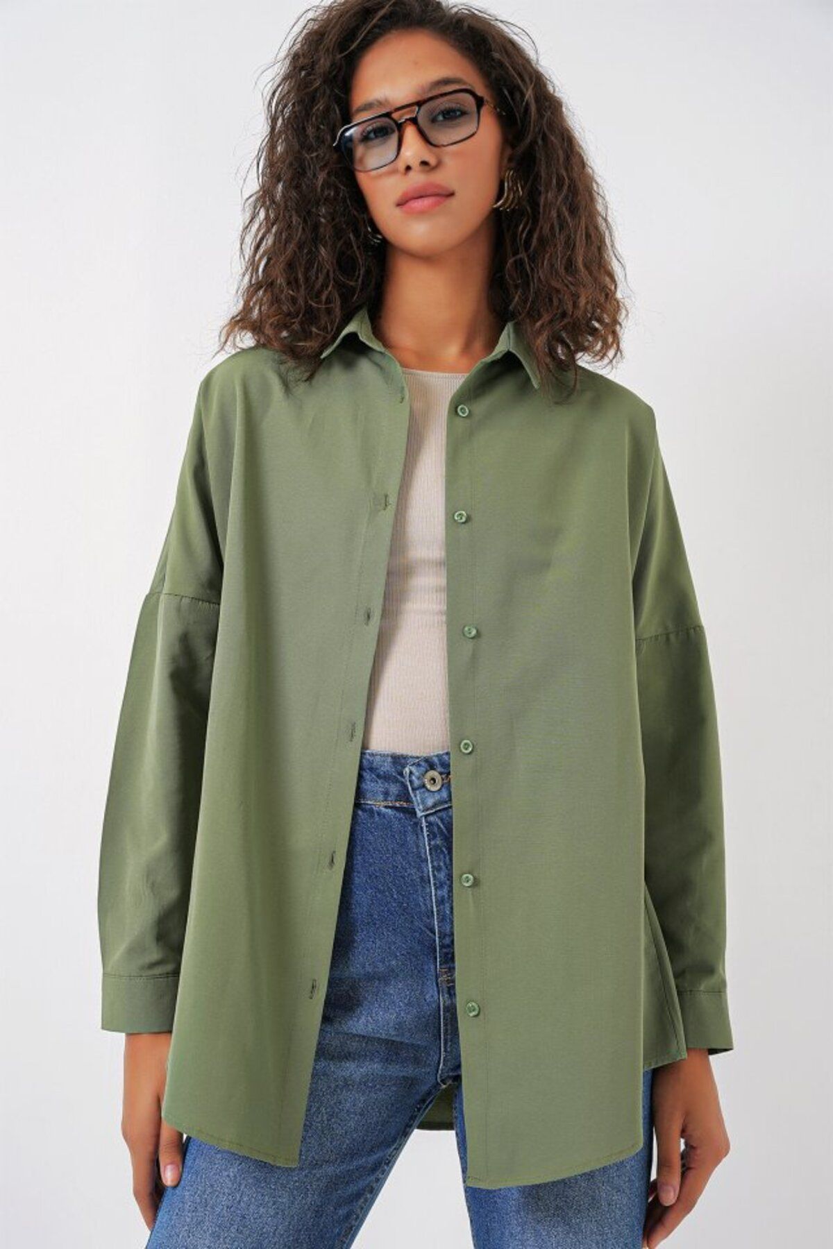 moda wanilia 3900 Oversize Uzun Basic Gömlek - A.Haki