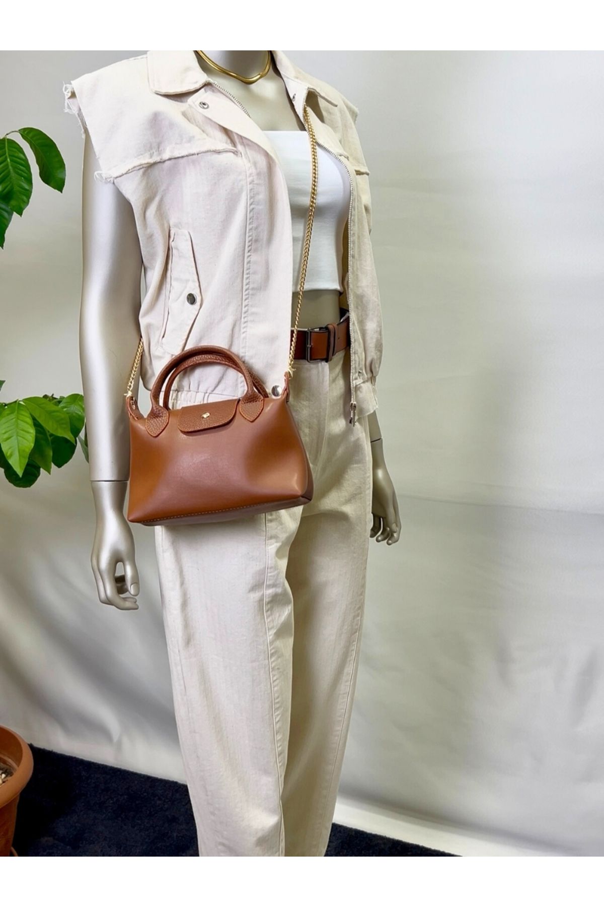 owwon-Beige Vest - Trousers Double Linen Set 3