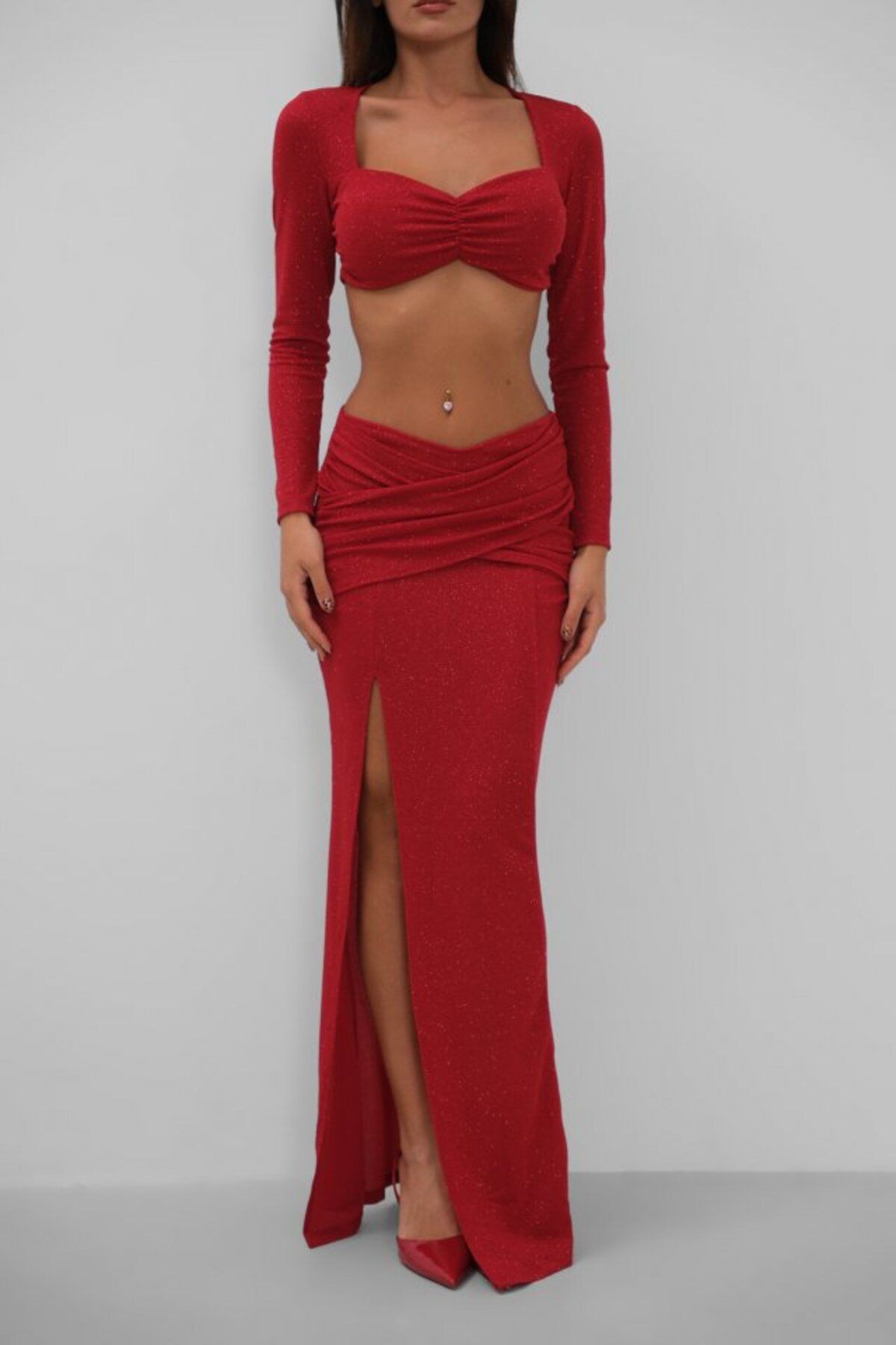 Asap Yırtmaçlı Etek Ve Crop Bluz Takım