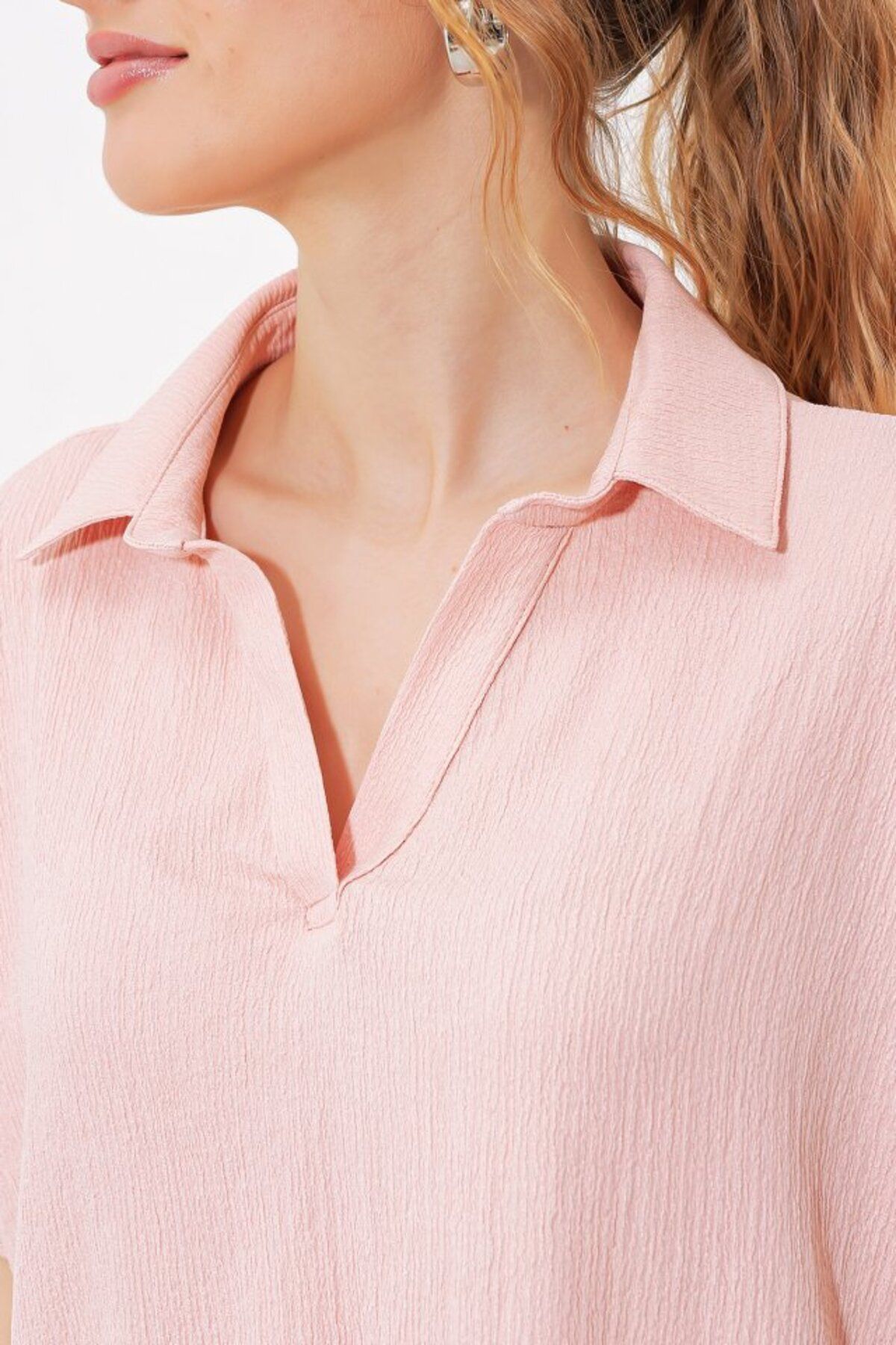 Albayrak Pudra Oversize Polo Yaka Örme Bluz 0486