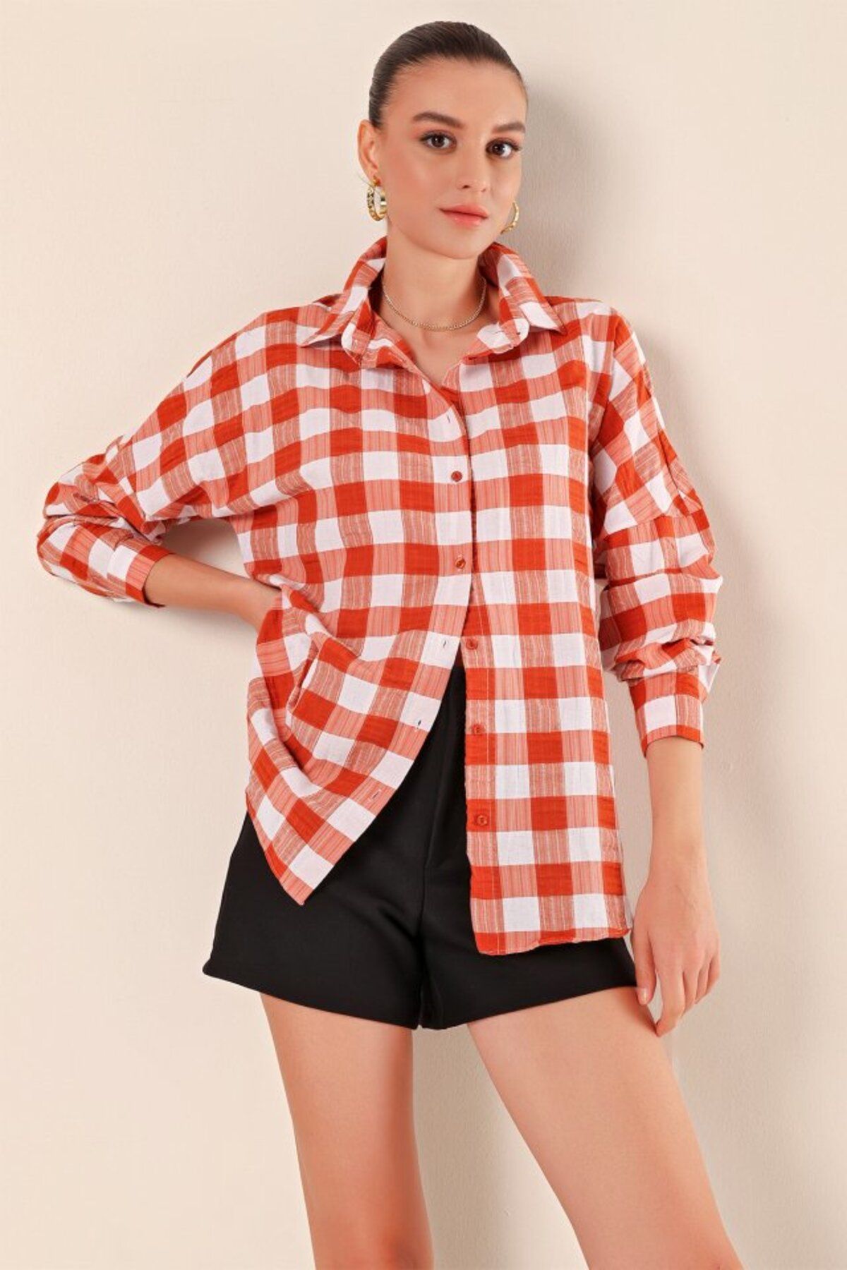 HİGUERA 3900 Oversize Uzun Basic Gömlek - Taba