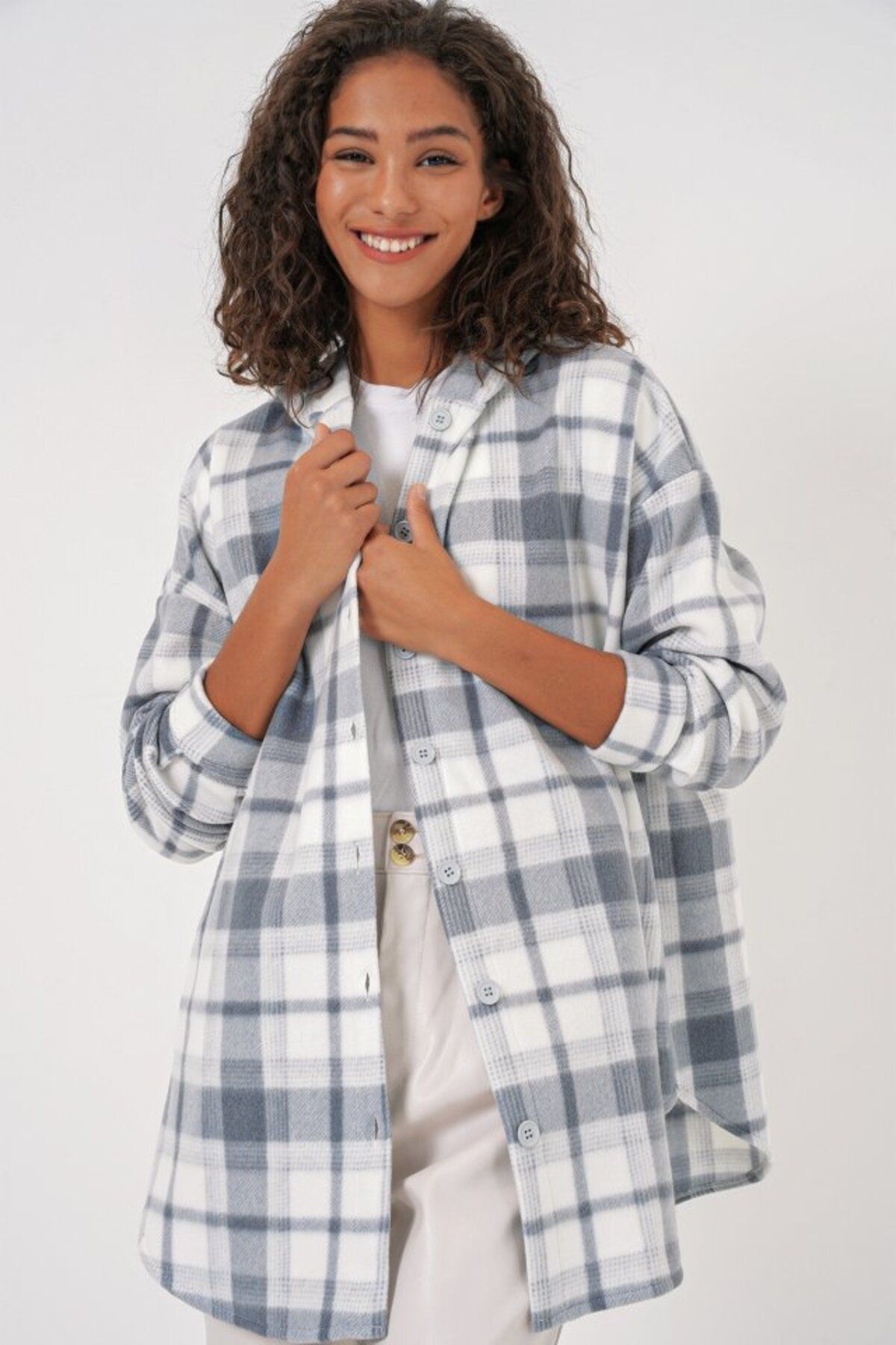 novafems 0710 Kapüşonlu Oversize Gömlek - Gri