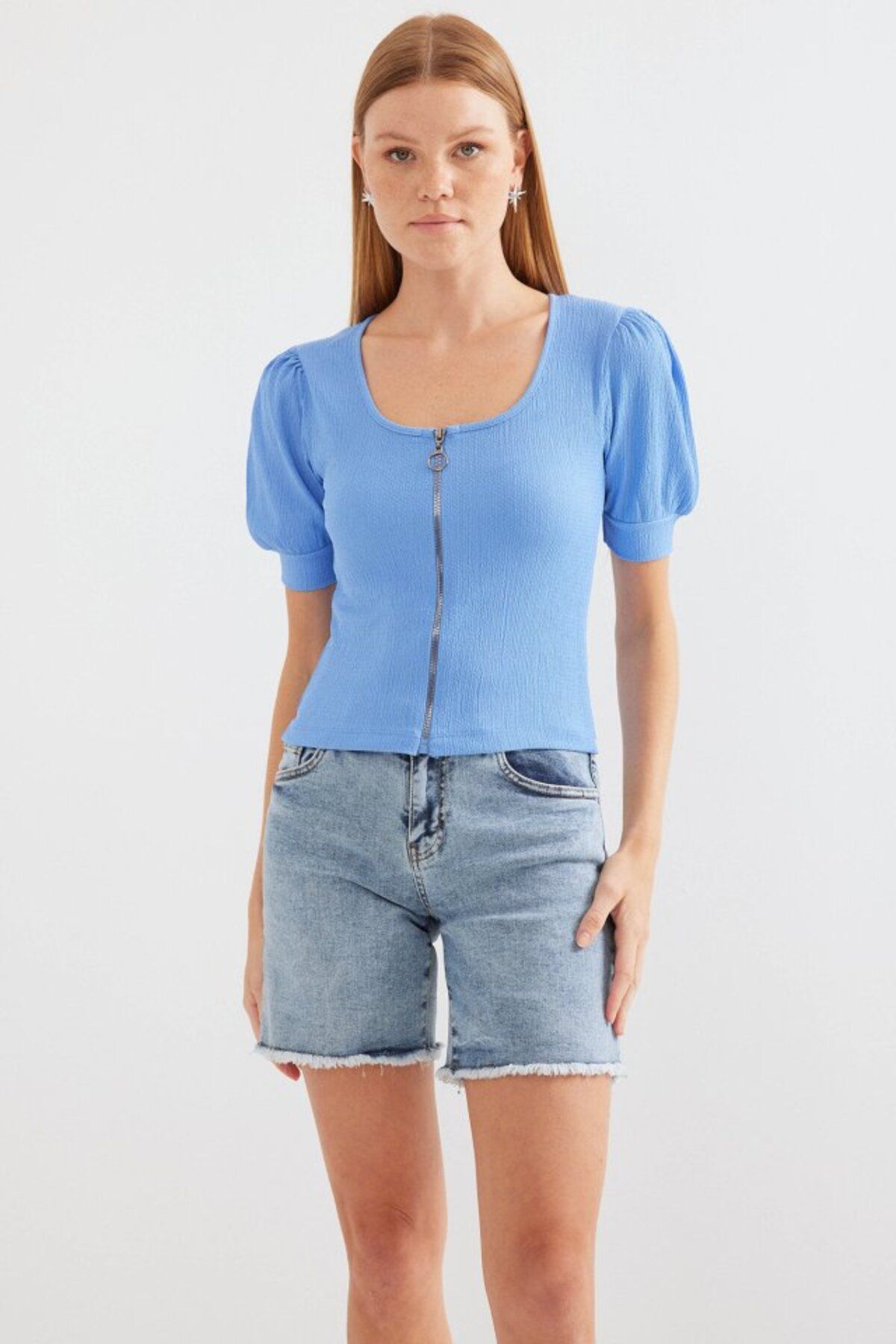 moda wanilia 4316 Fermuarlı Örme Bluz - Mavi