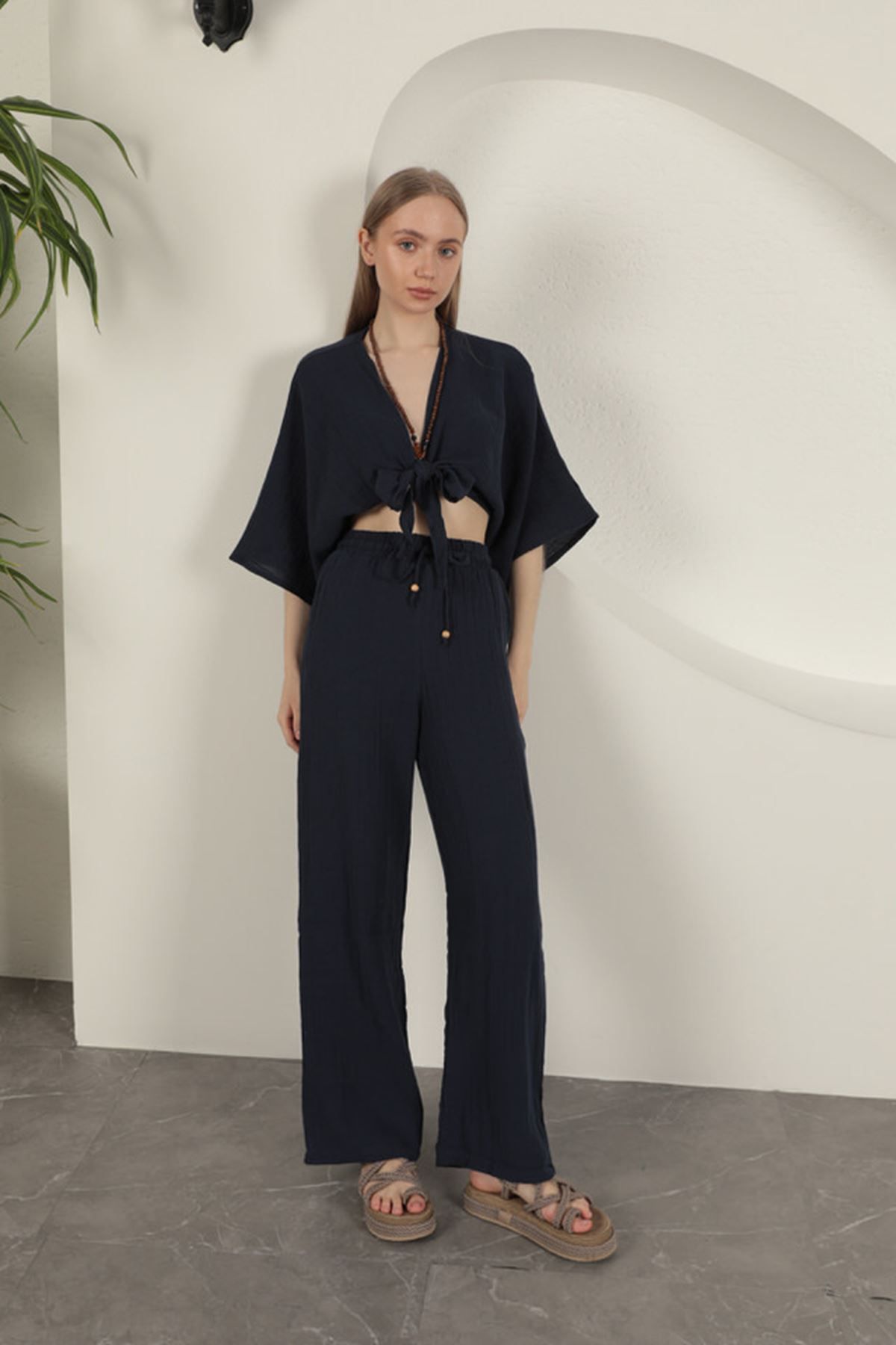 Pink Stil Müslin Kumaş Bol Paça Kadın Pantolon-Lacivert
