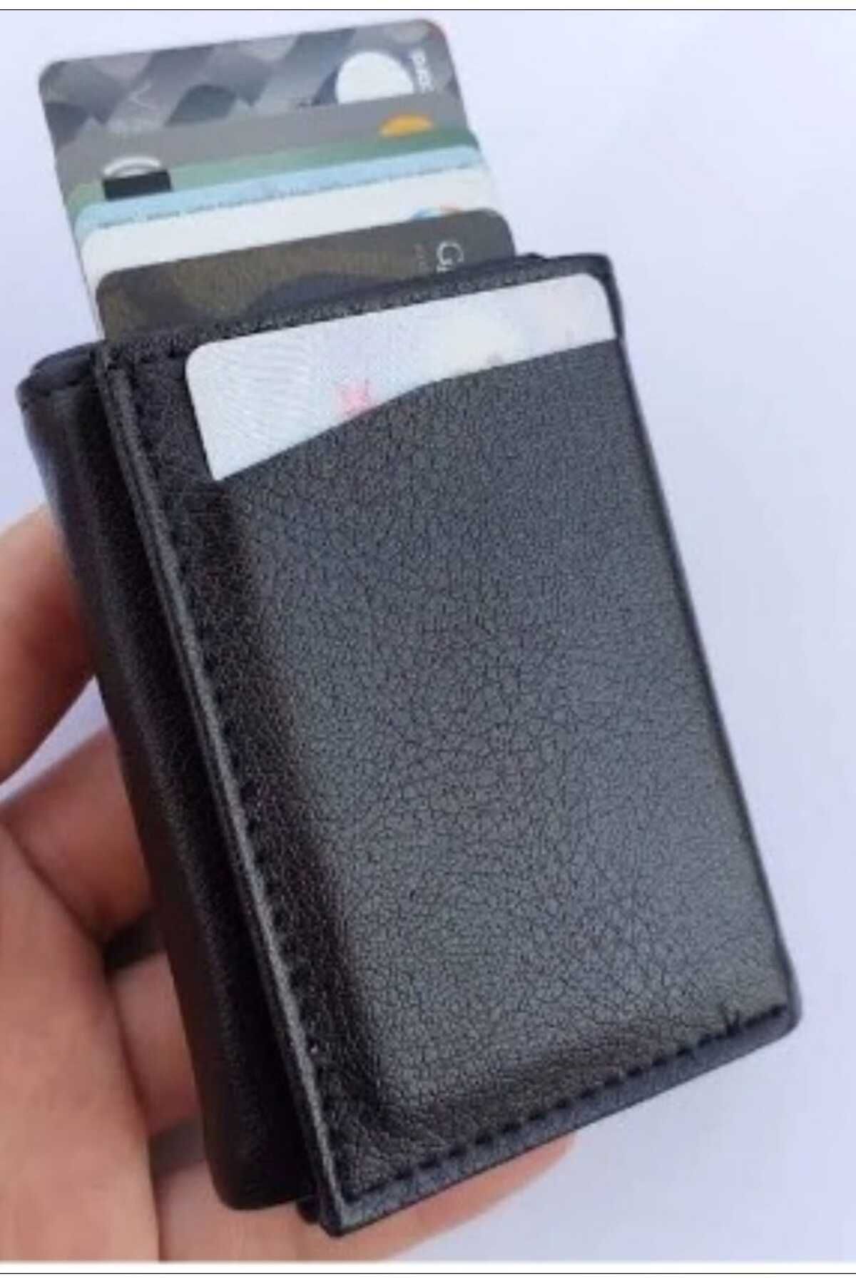 Özyuvam-Unisex Black Leather Automatic Slide Card Holder Wallet with Money Compartment Mechanism 1