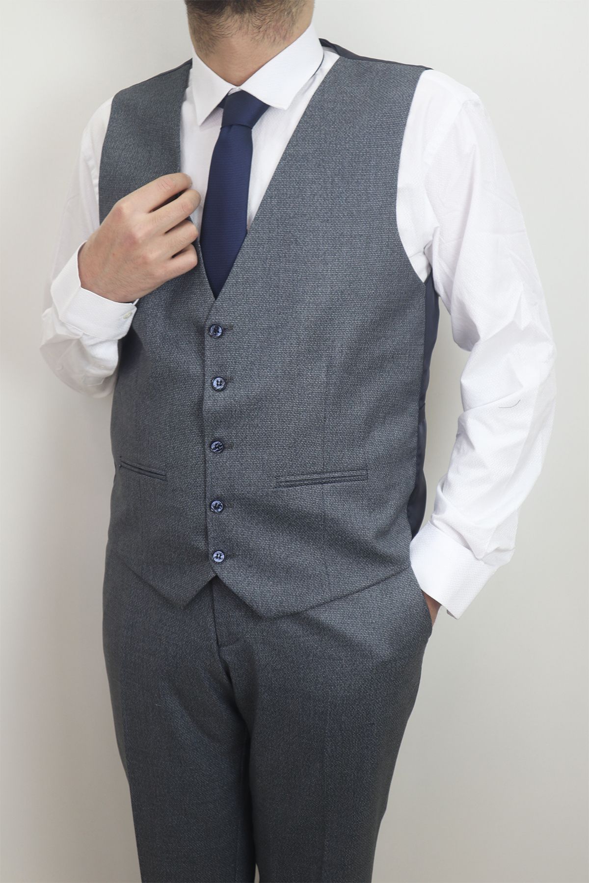DUAYEN-Fistan Store Men's Navy Blue Straight Italian Cut Regular Fit Double Button Vest Suit 5