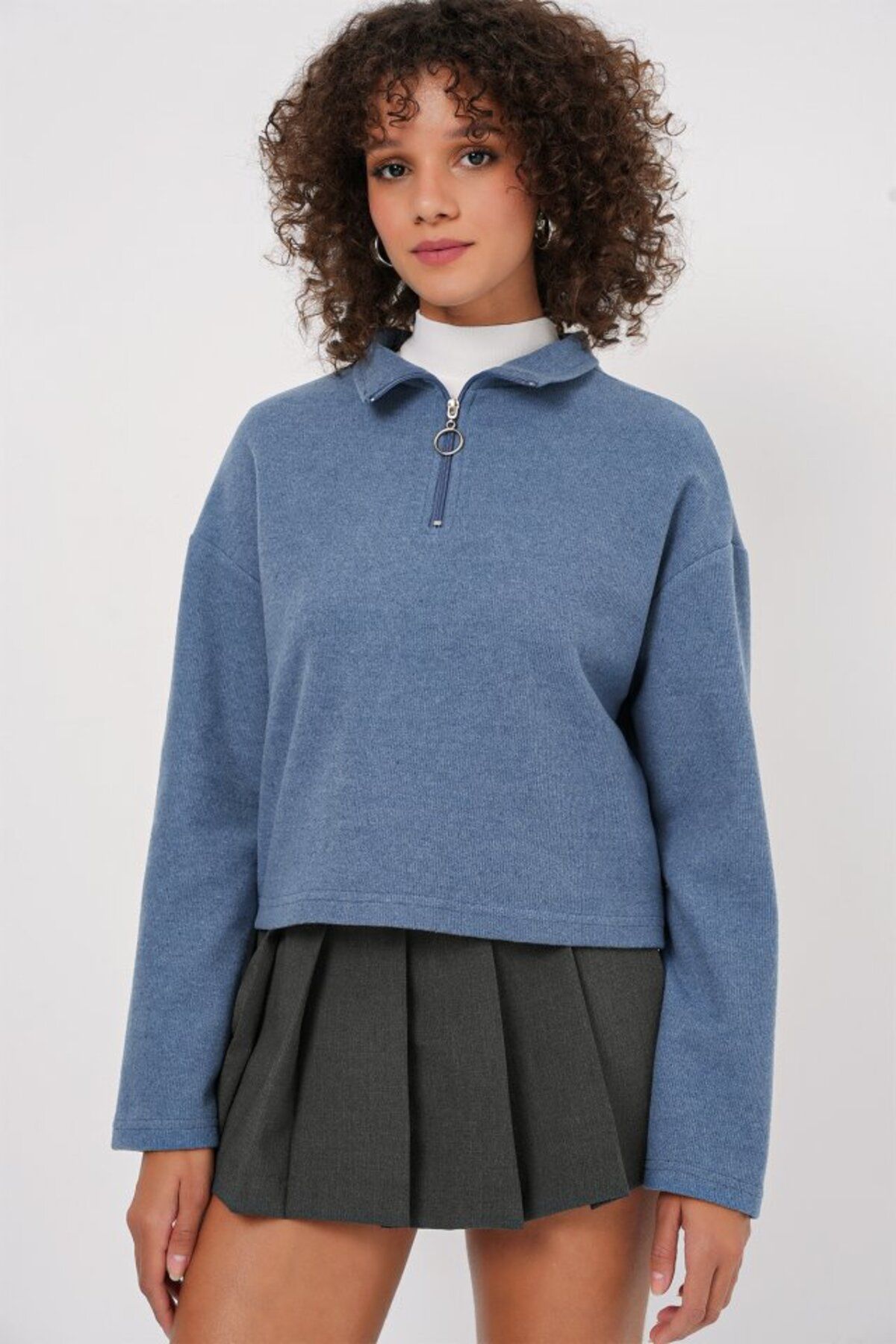 novafems 55449 Fermuarlı Yaka Örme Sweatshirt - İndigo