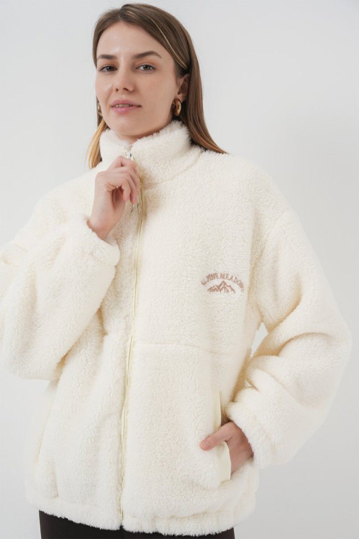 novafems 5212 Oversize Peluş Ceket Mont - Ekru