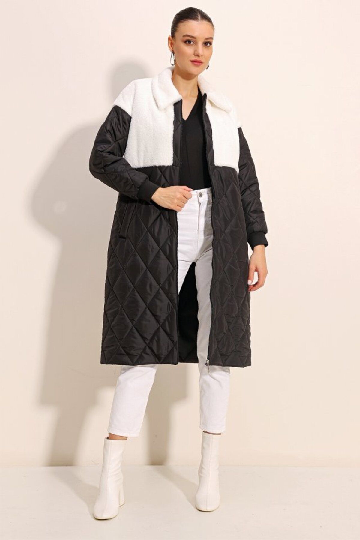 novafems 5185 Uzun Oversize Şişme Mont - Beyaz