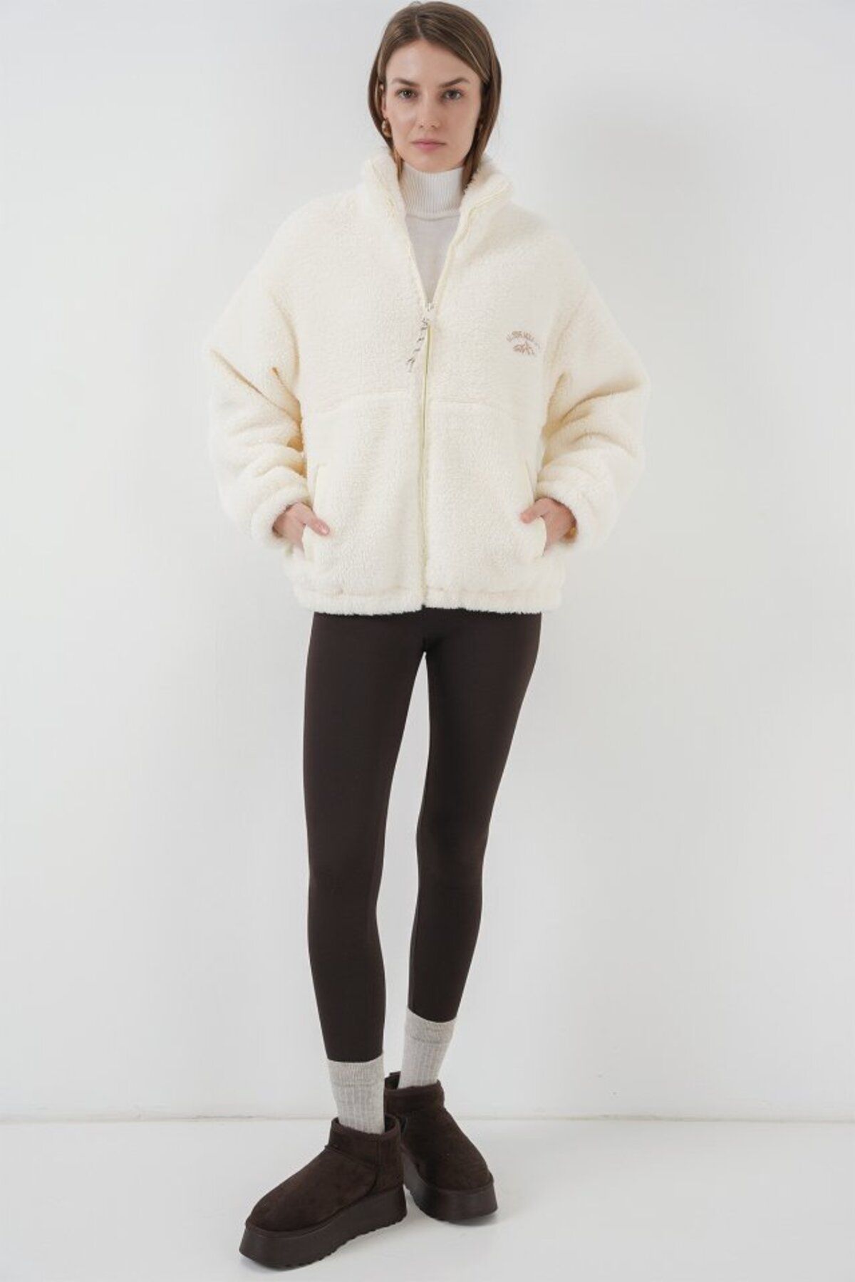 Albayrak 5212 Oversize Peluş Ceket Mont - Ekru