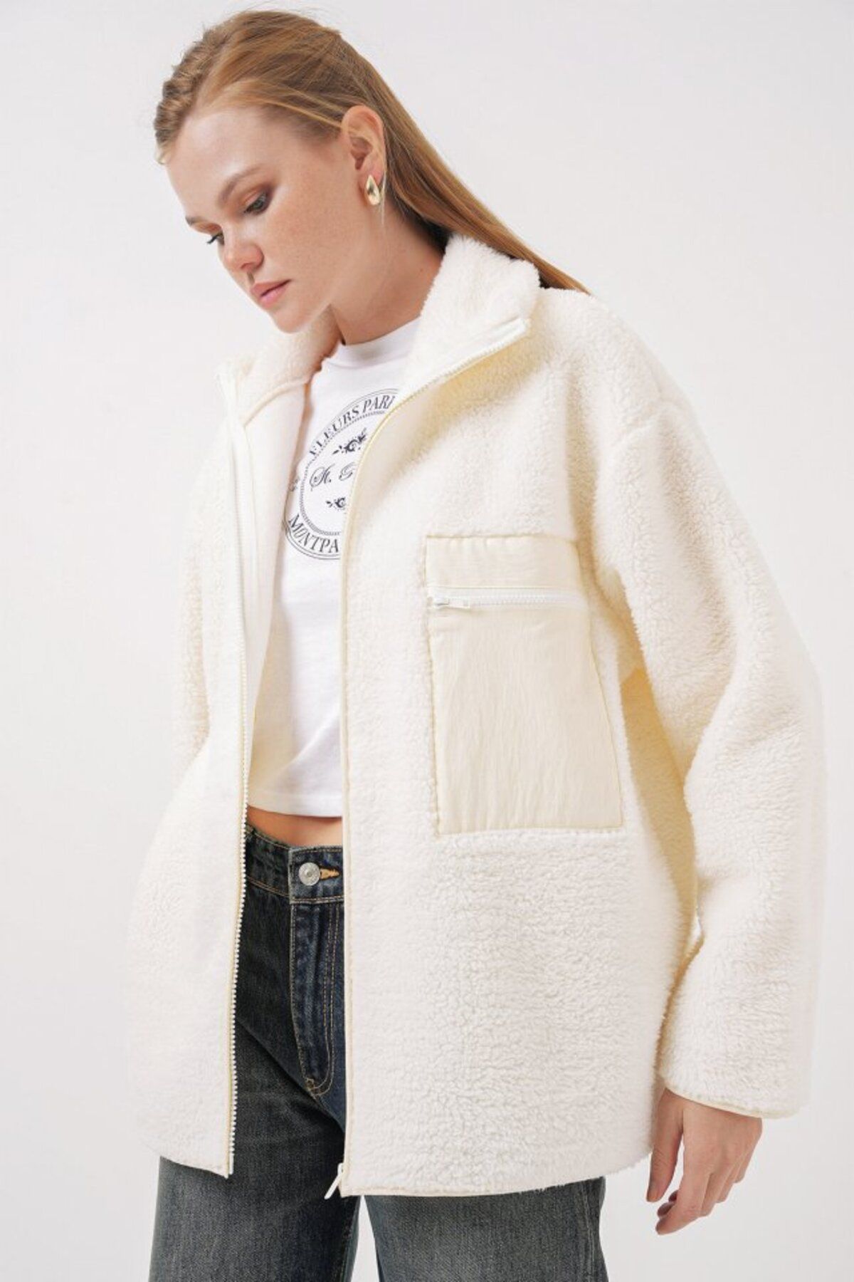 novafems 55446 Fermuarlı Oversize Peluş Mont - Bej