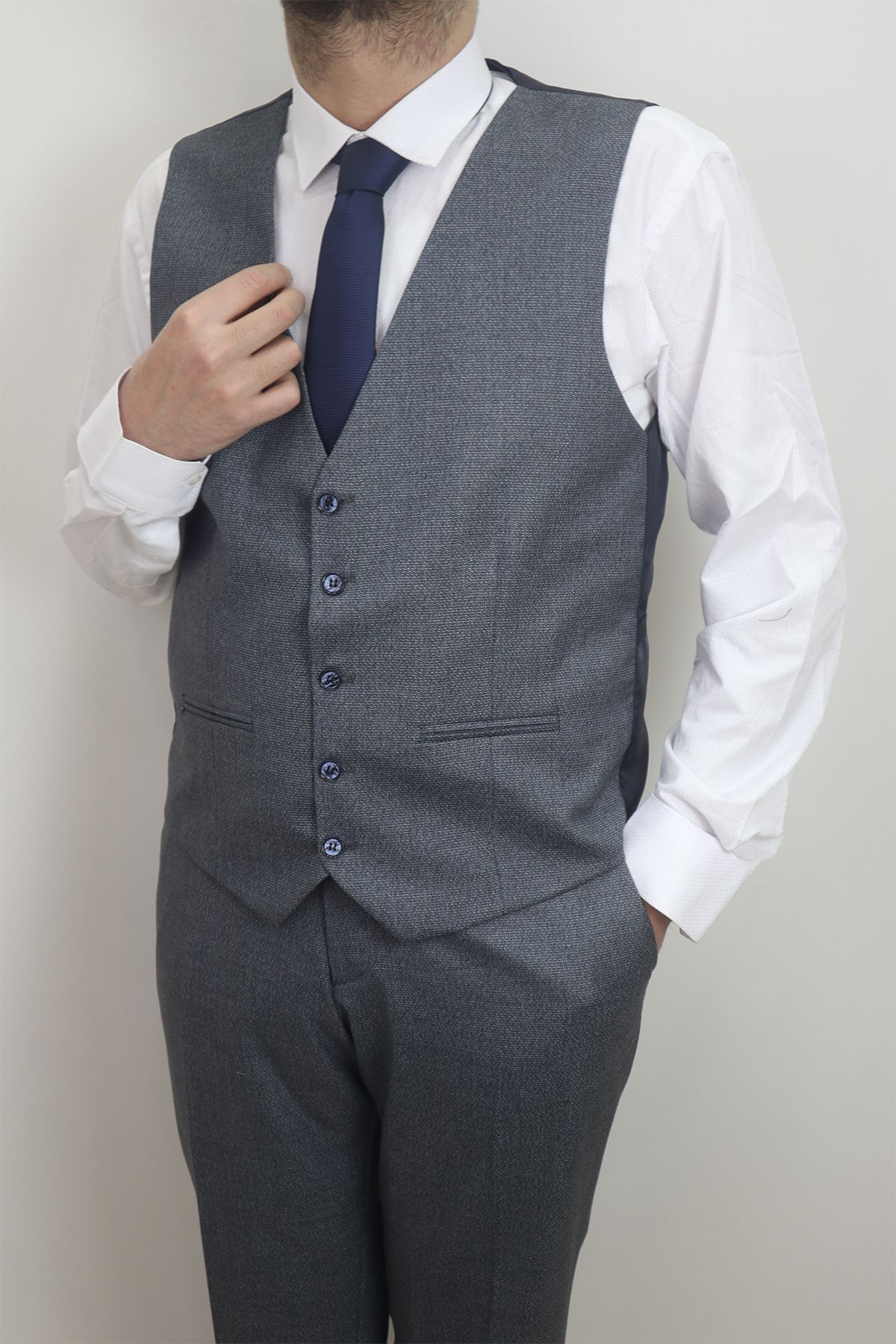 DUAYEN-Fistan Store Men's Navy Blue Straight Italian Cut Regular Fit Double Button Vest Suit 4