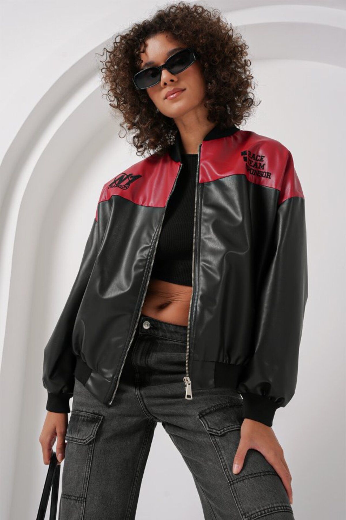 Mezapotamya 0698 Baskılı Suni Deri Bomber Ceket - Bordo
