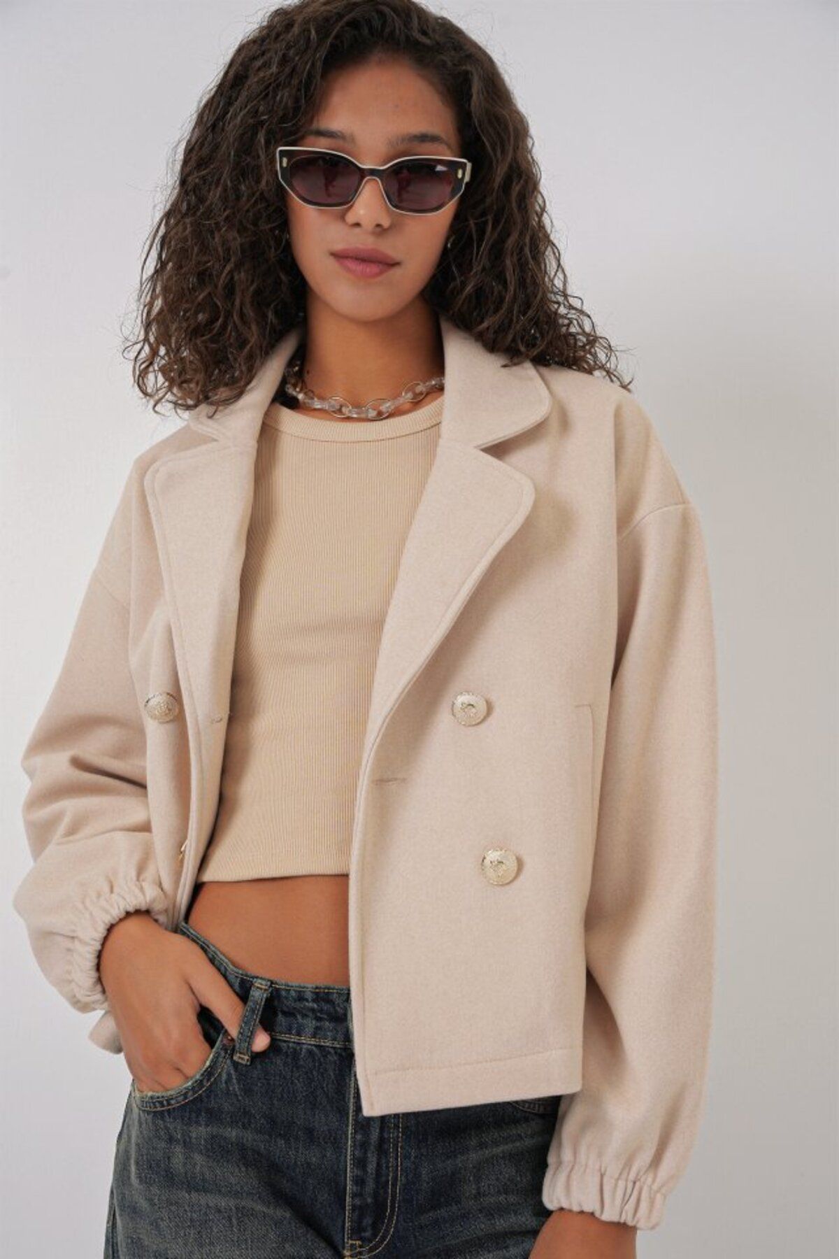 novafems 9117 Kruvaze Yaka Crop Ceket - Bej