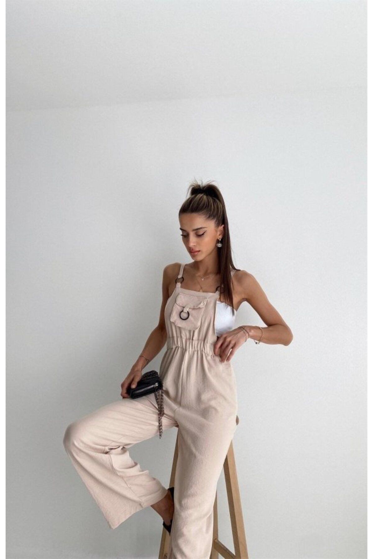 moda wanilia 7023 Askılı Bahçıvan Tulum - Bej