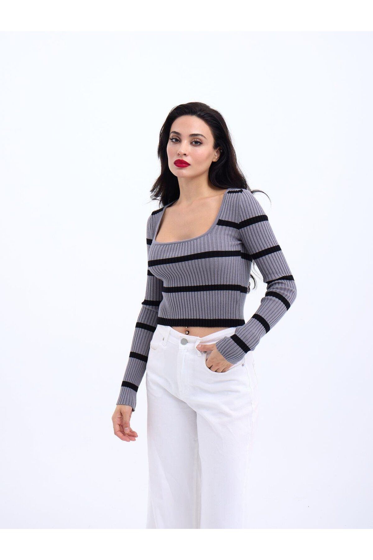 Meleners 42221 TRİKO ÇİZGİLİ FİTİLLİ CROP-GRİ-SİYAH