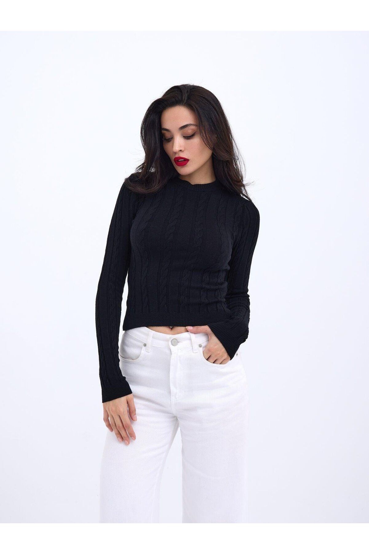 Albayrak 42491 TRİKO SAÇ ÖRGÜ CROP KAZAK-SİYAH