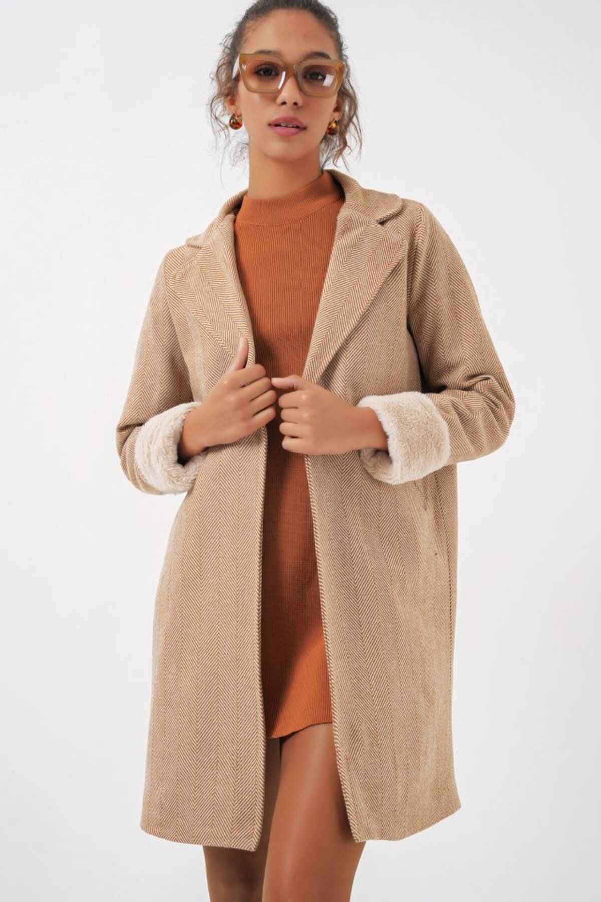 novafems 9085 Balık Sırtı Kaşe Kaban - Camel