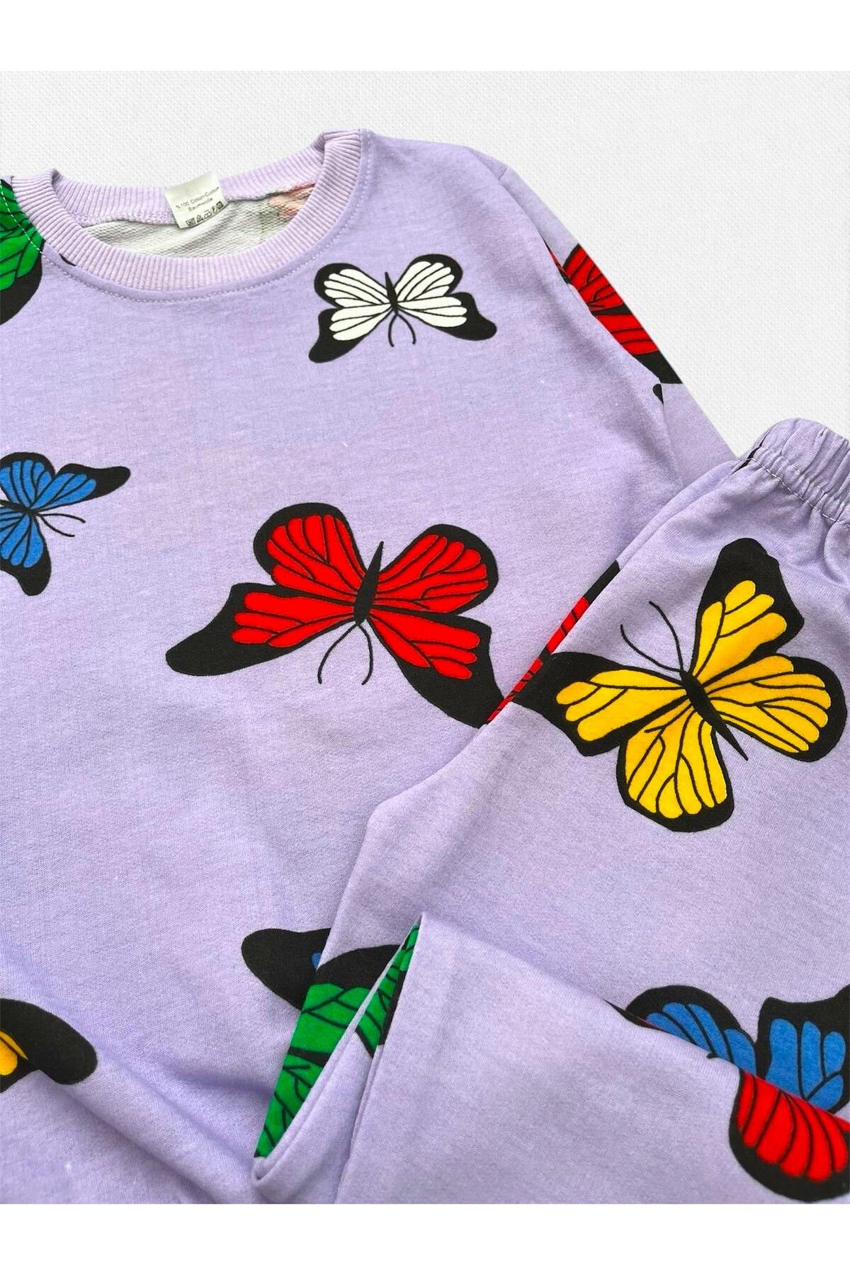 Fil Kids-Girl's 100% Cotton Purple Color Butterfly Patterned Long Sleeve Seasonal Pajama Set 2