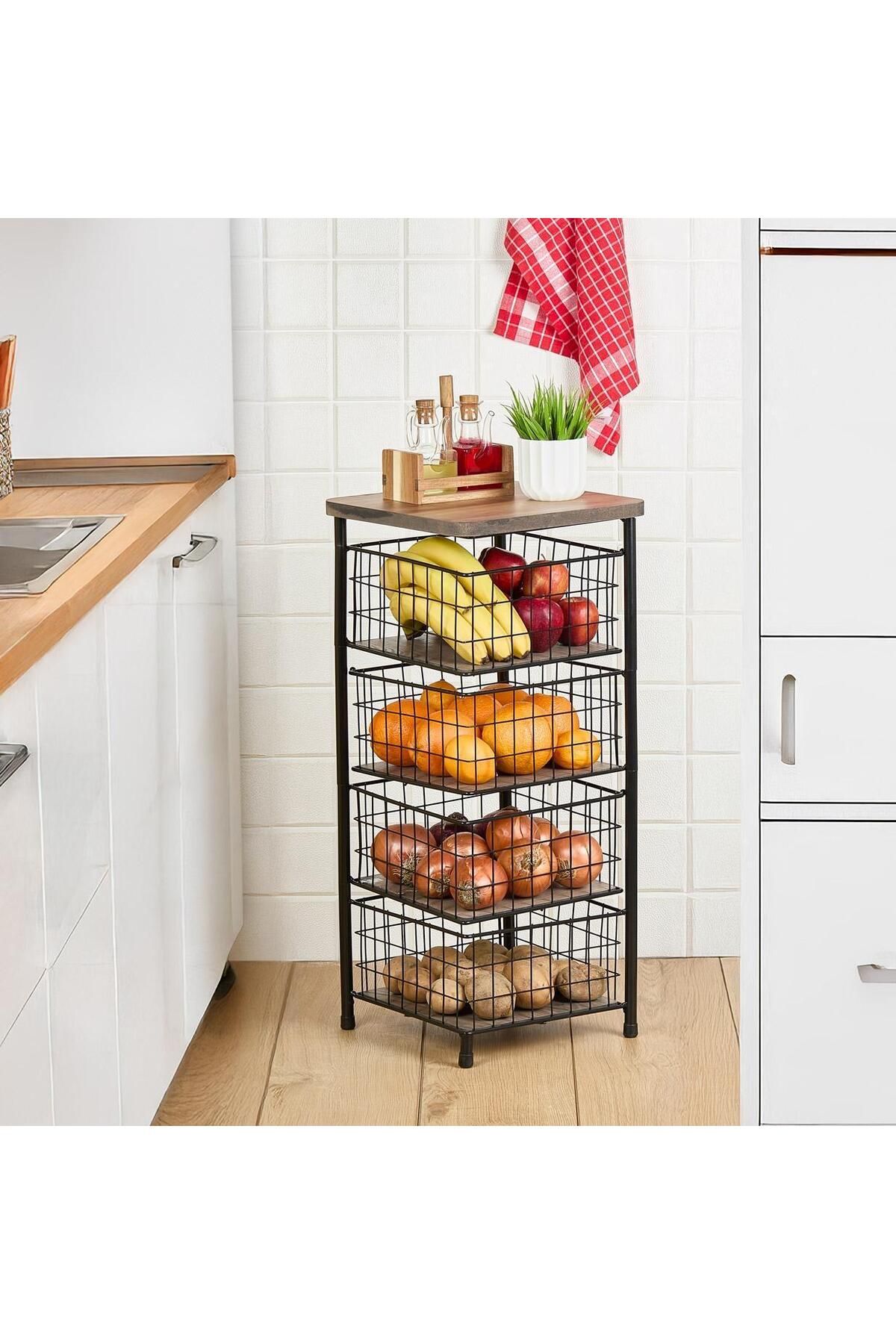 Genel Markalar Metal Raflı Ahşap Standlı 4 Katlı Kare Organizer Sebzelik / Banyo Organizeri