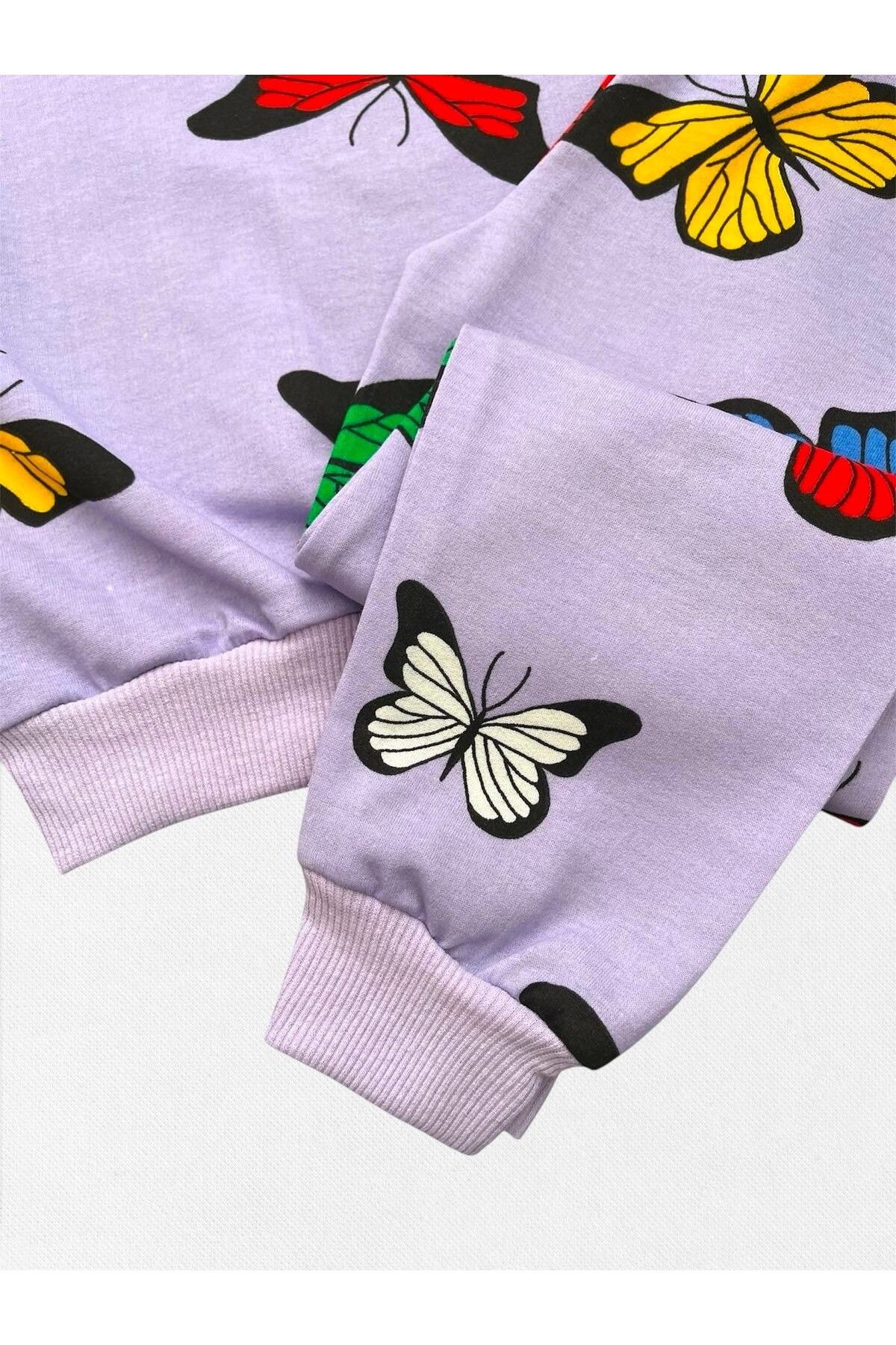 Fil Kids-Girl's 100% Cotton Purple Color Butterfly Patterned Long Sleeve Seasonal Pajama Set 3