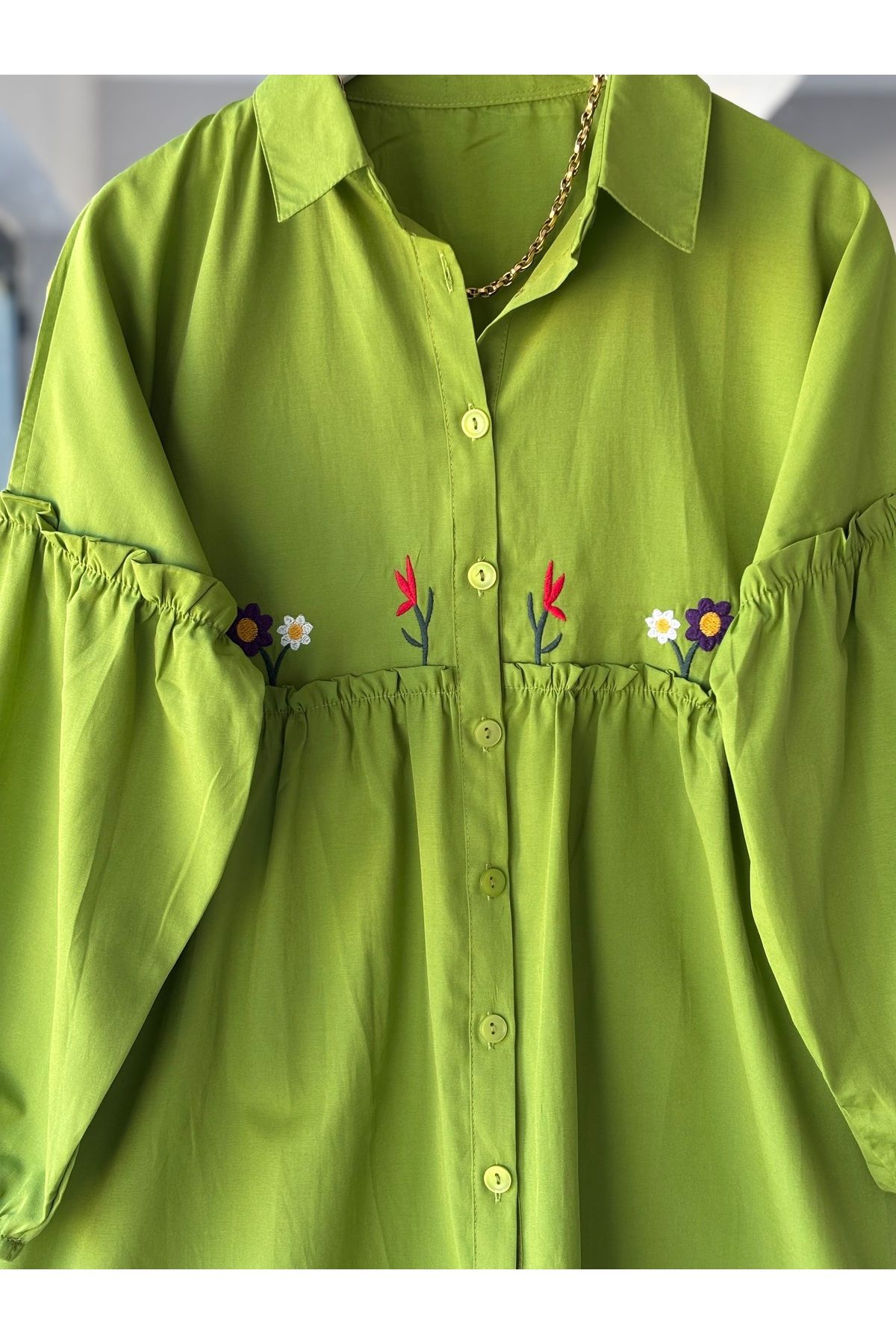 Butik-Yışi Poplin Shirt, Oil Green Embroidered 3