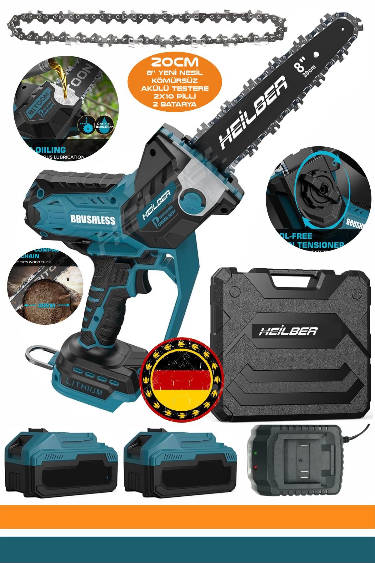 HEİLBER ALMAN BA01065B YENİ NESİL 8'' 20CM YAĞLAMALI ÇİFT AKÜLÜ YENİ NESİL BUDAMA TESTERESİ VE AĞAÇ KESME MA