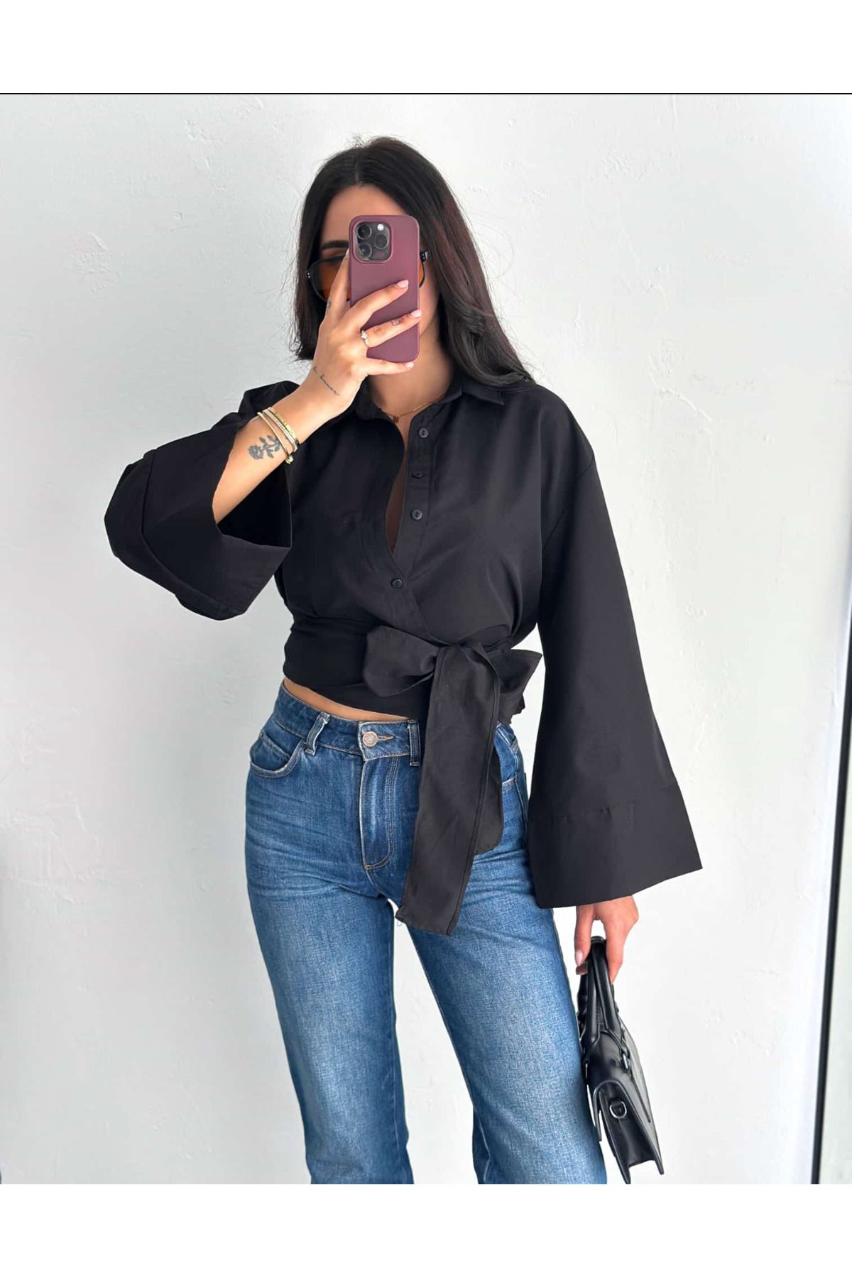 AB LOOKS-Women's Spanish Sleeve Waist Tie Belted Design New Season Poplin Crop Shirt 2