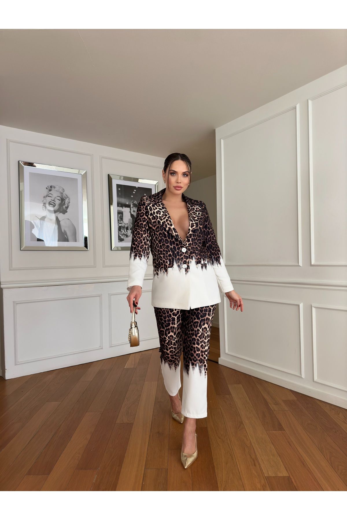 1Moda1Tarz-Women's Imported Fabric Leopard Pattern Button Detail Elastic Waist Lined Special Design Top-Bottom Set 4