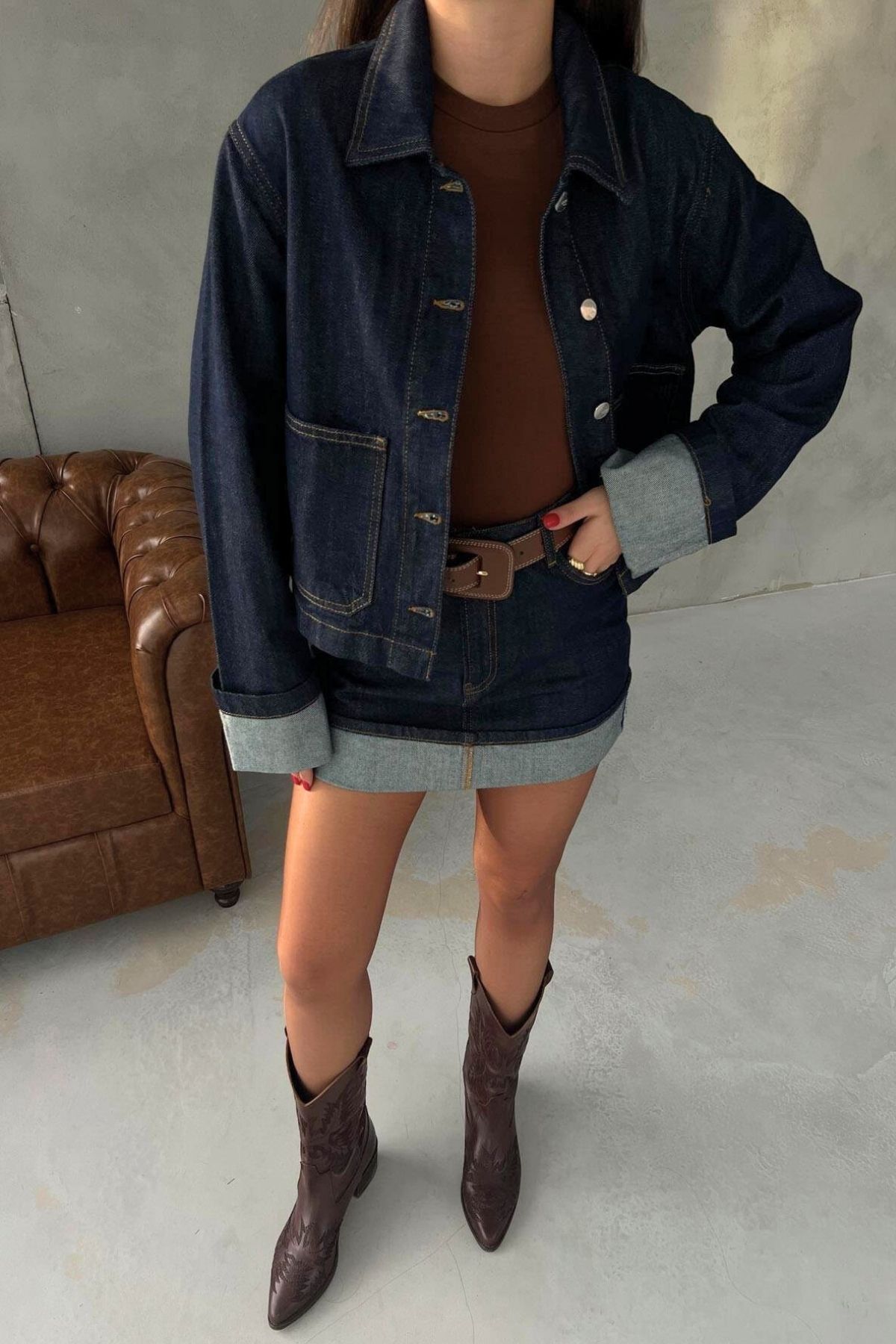 FMN Collection-Slim Mold Design Folded Denim Jeans Jacket Skirt Pinterest Brand Equivalent Seasonal Two-Piece Suit 5