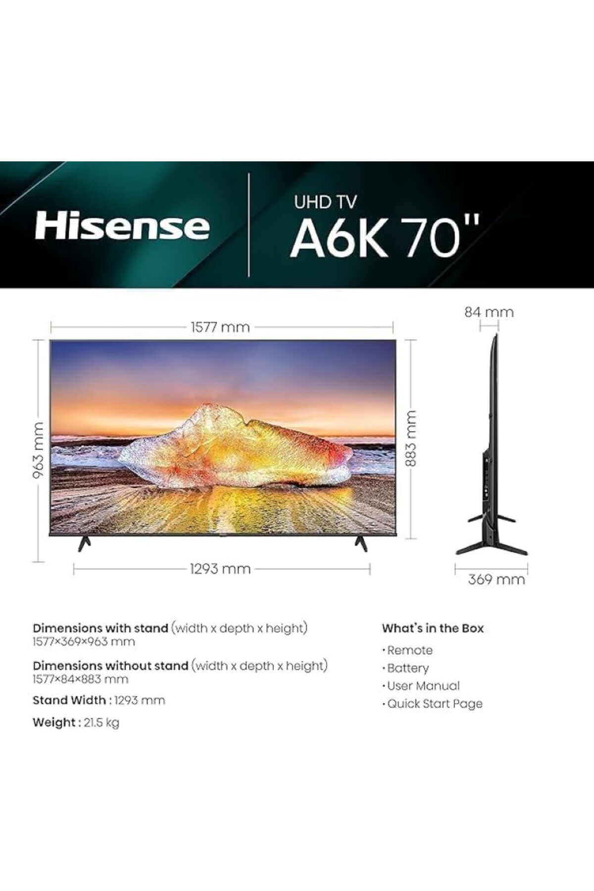 Hisense-70 Inch Smart TV 4K UHD LCD Dolby, Natural Colour Enhancer,VIDAA U5 OS, Youtube, Netflix, WiFi, 2