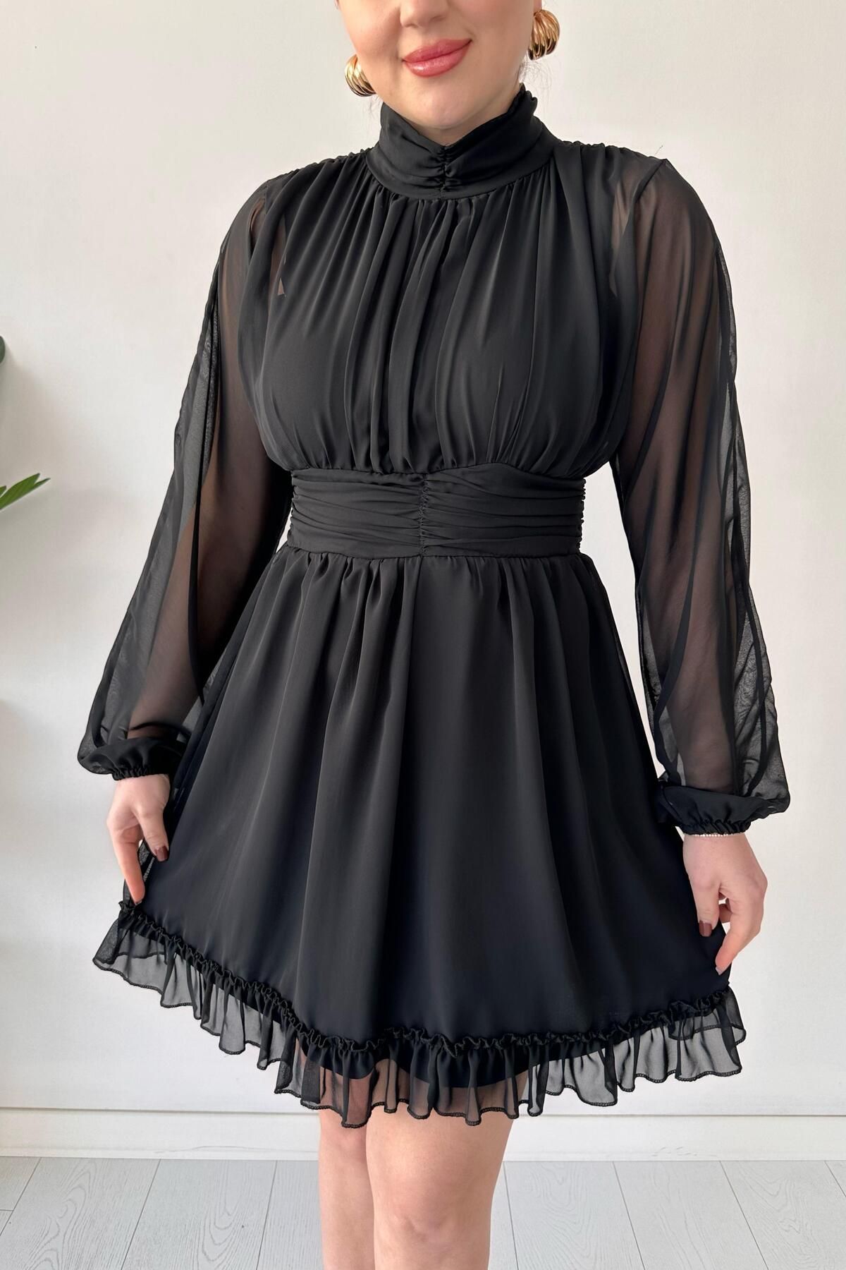 MaziButik-Ruffled Skirt Chiffon Dress Black 3