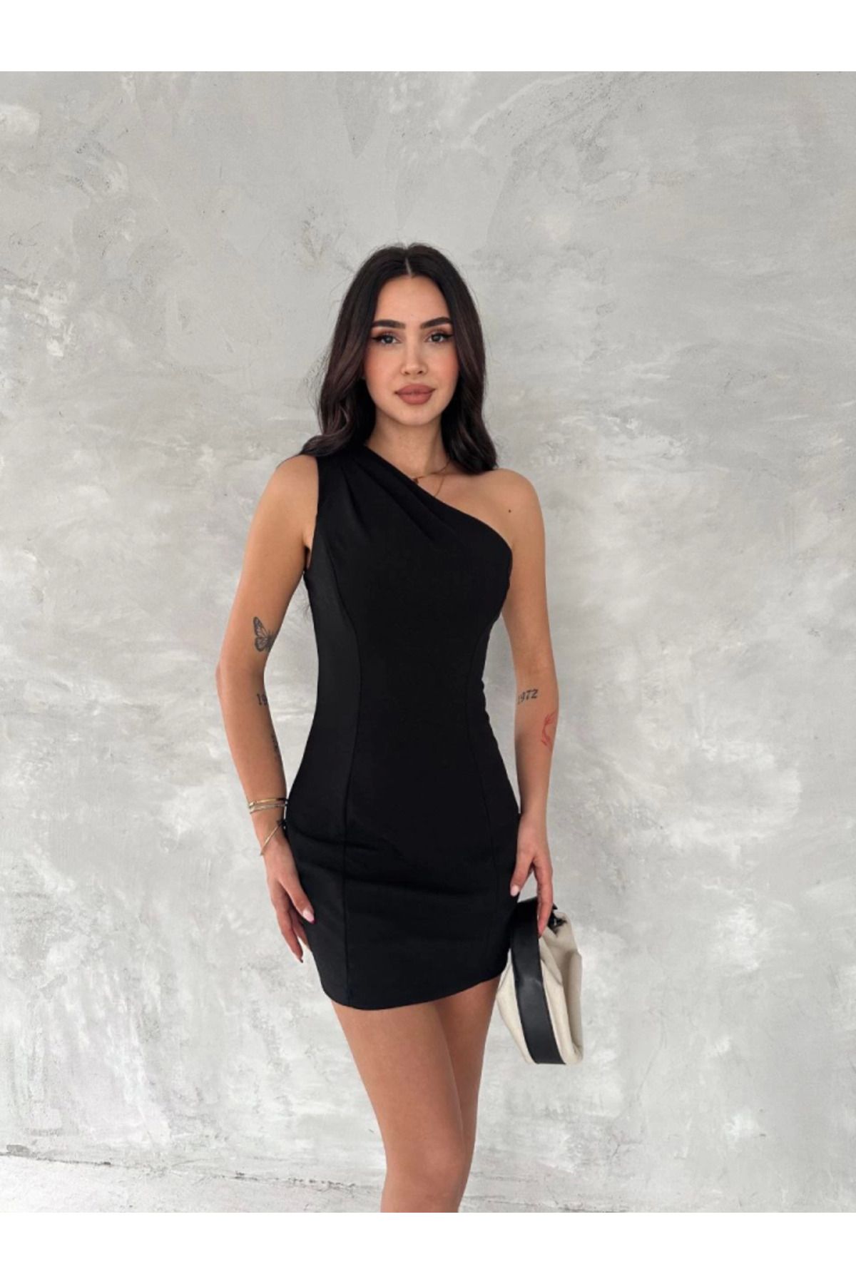 nedo7-One Shoulder Sleeveless Mini Length Dress - Black 2