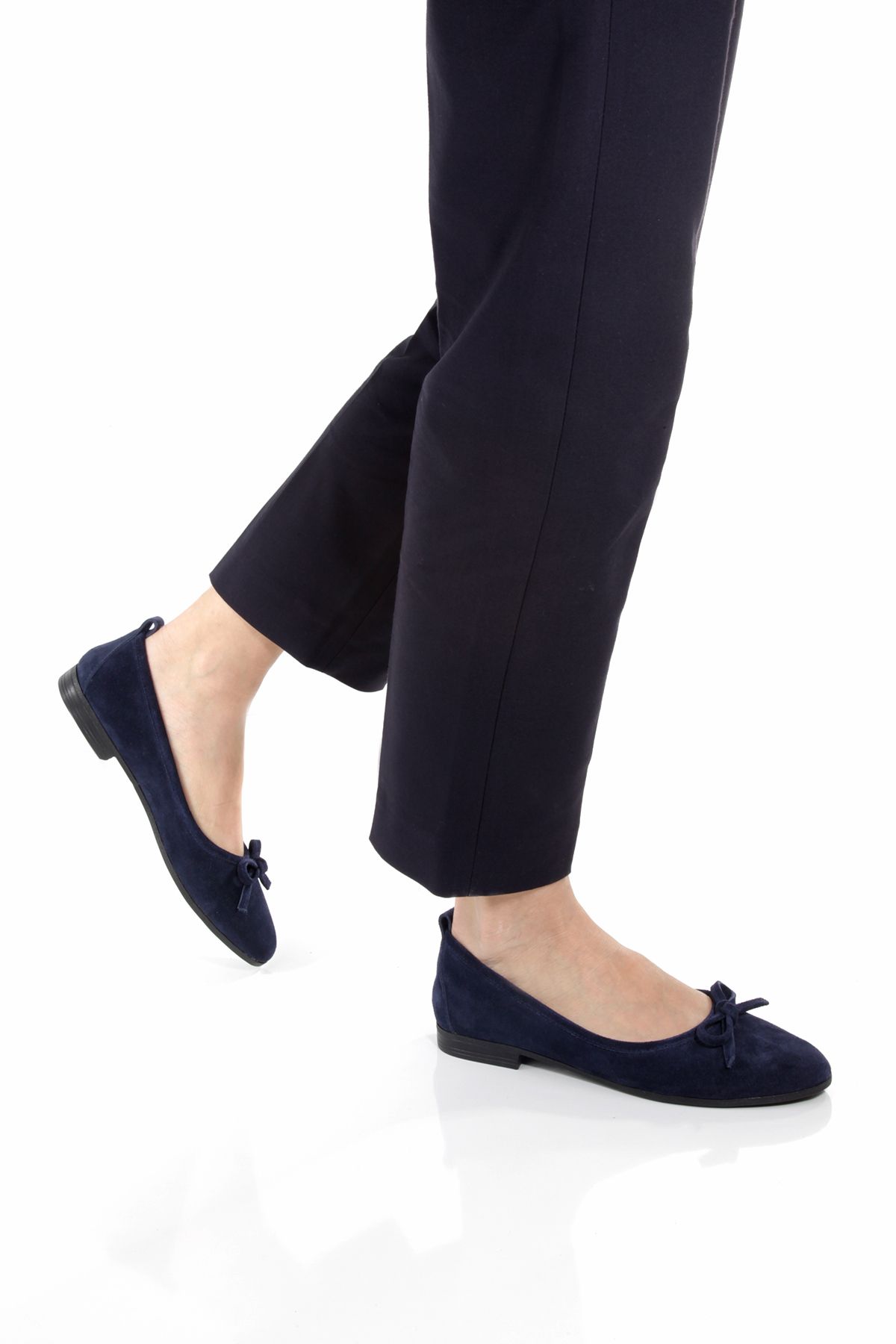 ÜNAL ÖZER-Women's Navy Blue Suede Genuine Leather Bow Ballerinas Un001-063 1