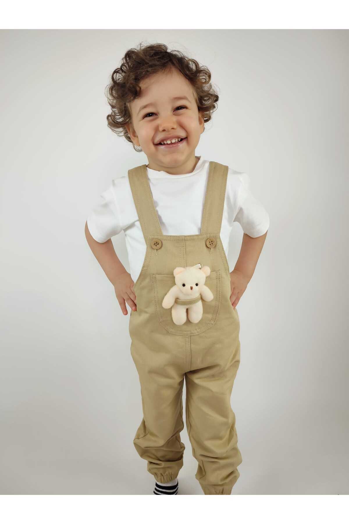 Kısa Kollu Tişört Ve Ayıcıklı, Askı Boyu Ayarlanabilen Salopet Tulum 2'li Kız-Erkek Çocuk Takım