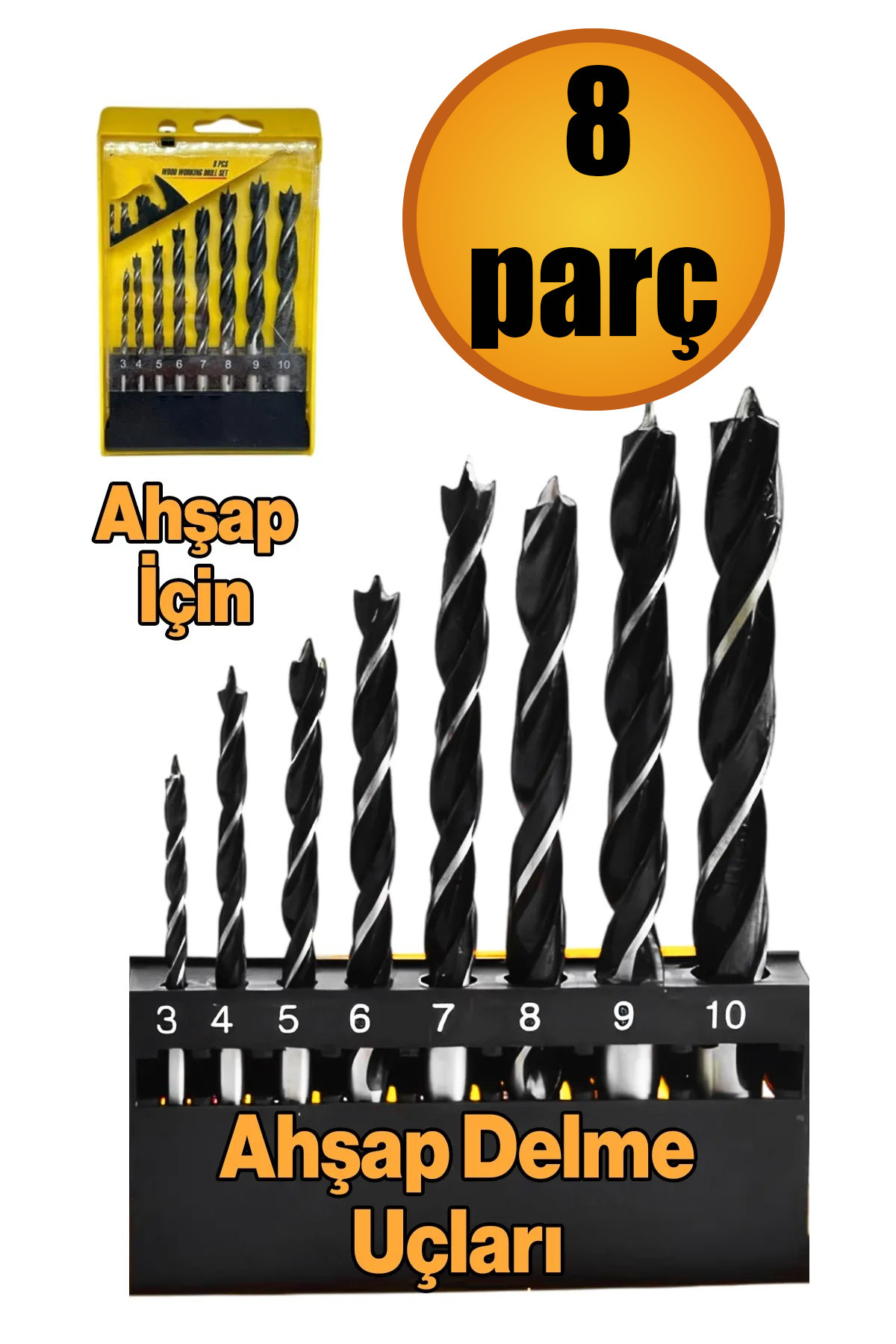 NUBLADO Ahşap Delme Matkap Ucu Set 8 'li Paket Ağaç Sunta Kartonpiyer Delme 3 4 5 6 7 8 9 10 mm Çapc.
