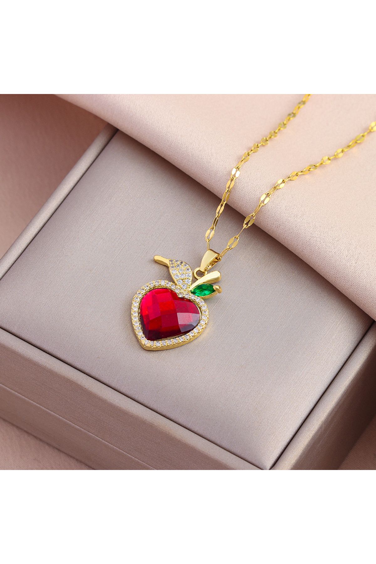 Choice-8062 red New In Sparkling Zircon Crystal Apple Pendant Necklaces For Women Trendy Ladies Stainless S 1