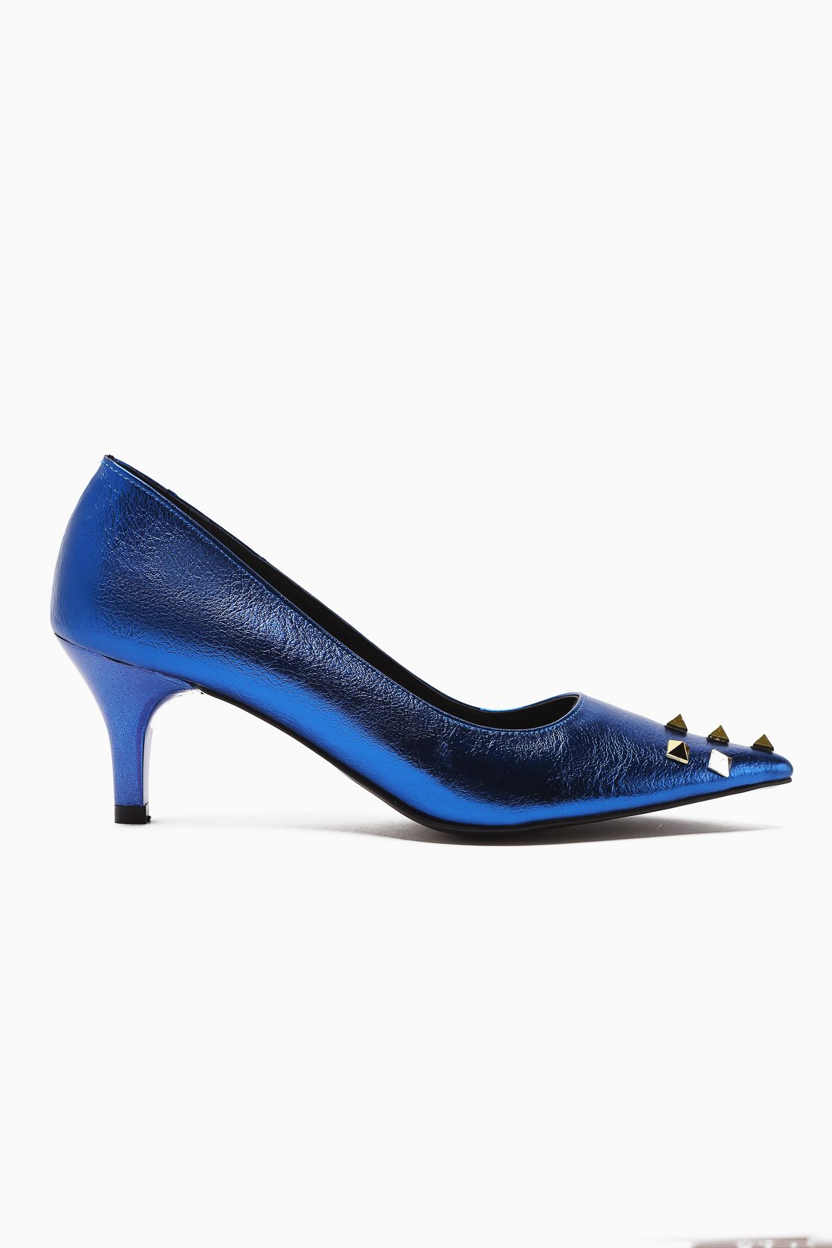 Limoya-Anni Navy Blue Shiny Wrinkled Patent Leather Pyramidal Studded Heeled Women's Shoes 3