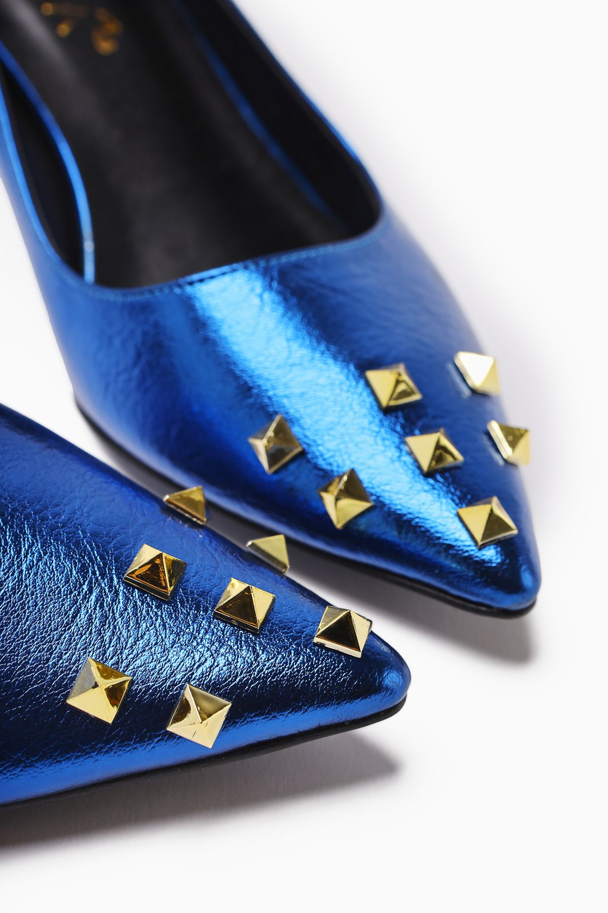 Limoya-Anni Navy Blue Shiny Wrinkled Patent Leather Pyramidal Studded Heeled Women's Shoes 5