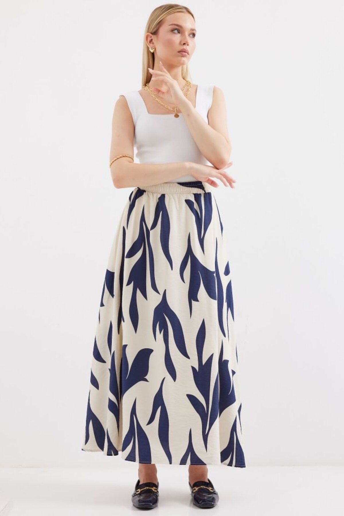 moda wanilia 8028 Desenli Uzun Etek - Lacivert