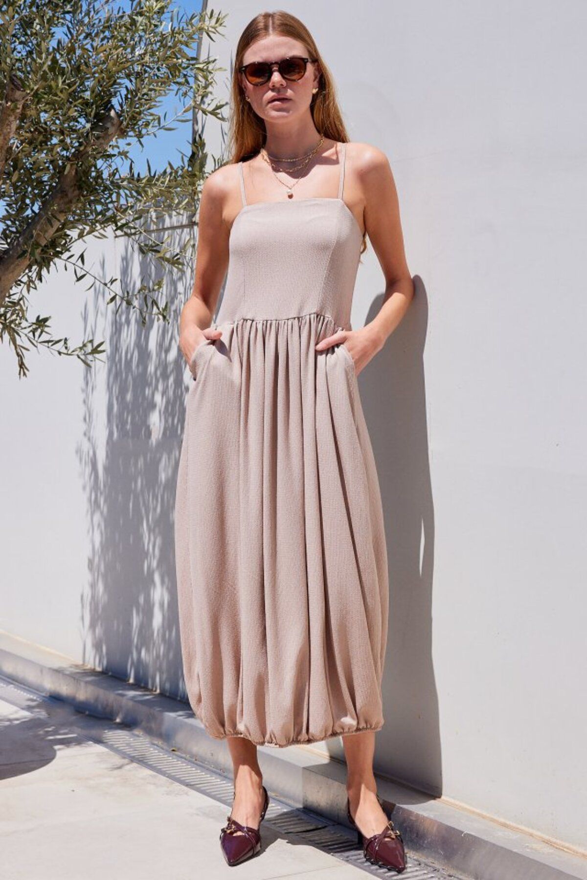 moda wanilia 2492 Askılı Örme Salopet Elbise - Bej