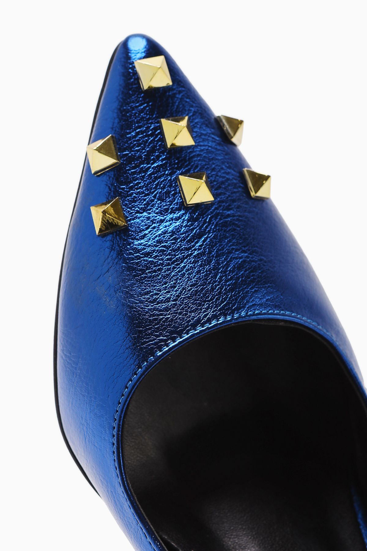 Limoya-Anni Navy Blue Shiny Wrinkled Patent Leather Pyramidal Studded Heeled Women's Shoes 2