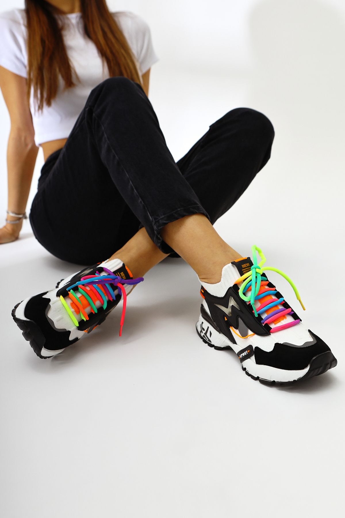 Limoya-Anabell Black-White Knitwear Suede Detailed Colorful Lace-Up Women's Sneakers 4