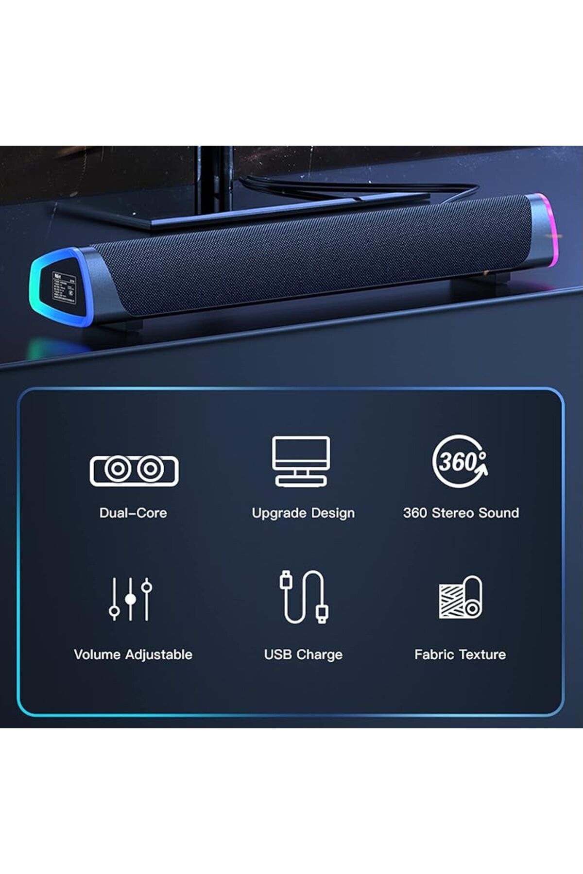 COOYA-مكبر صوت كمبيوتر سلكي بمنفذ USB، شريط صوت كمبيوتر RGB، صندوق صوت محيطي ثلاثي الأبعاد مع مقبض للتحكم في مستوى الصوت 6
