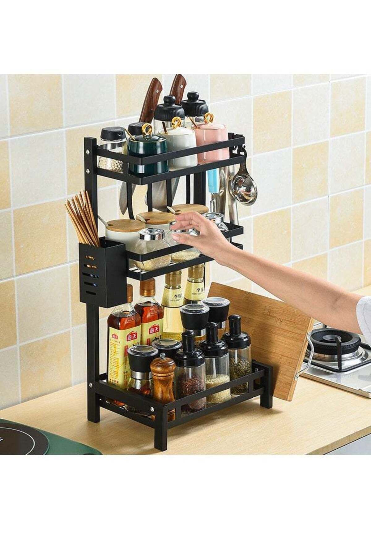 COOYA-Spice Rack Shelf Kitchen Organizer 3-Tier, Large Metal Standing Seasoning Jar with Hooks 3