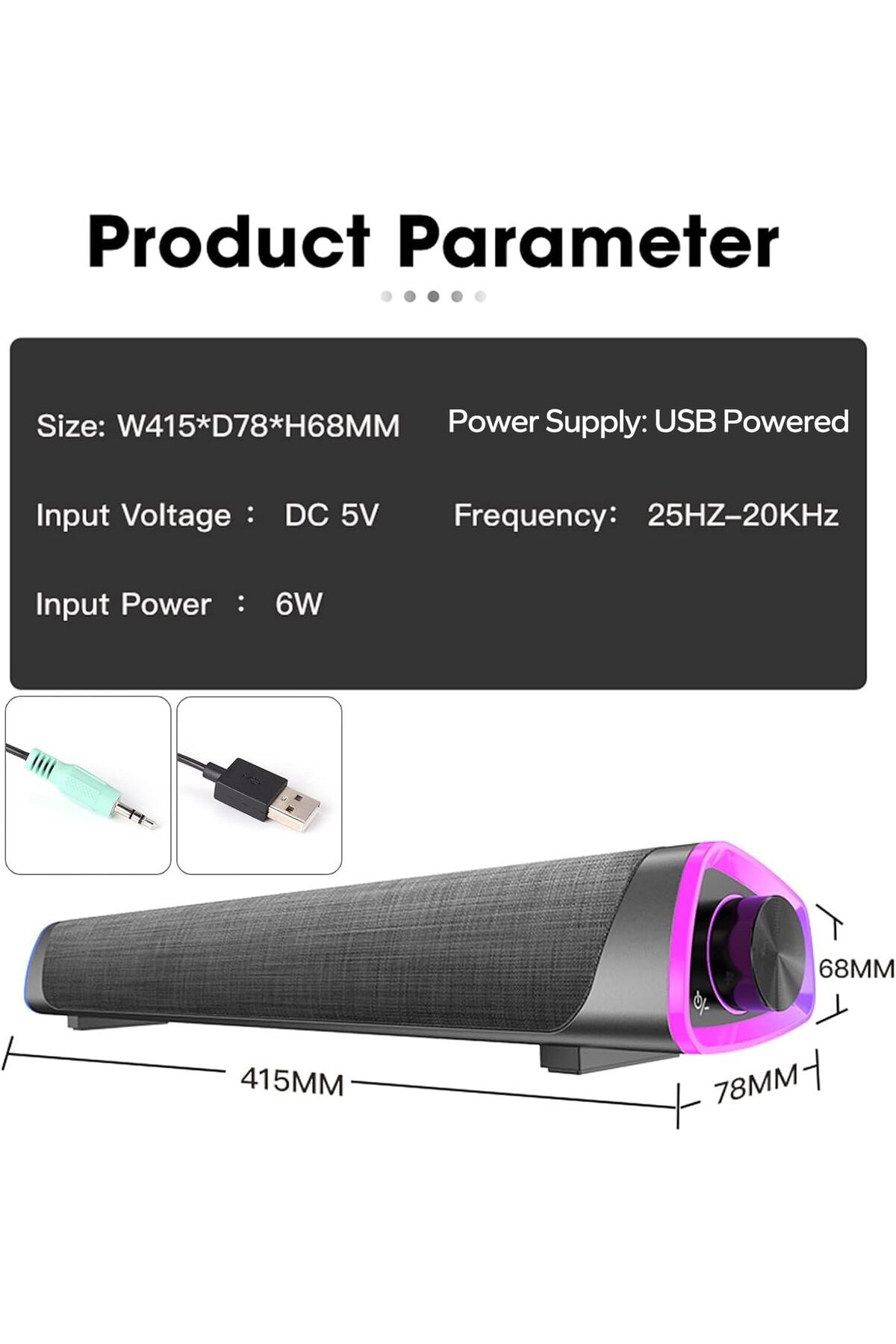 COOYA-مكبر صوت كمبيوتر سلكي بمنفذ USB، شريط صوت RGB، صوت محيطي ثلاثي الأبعاد مع مقبض للتحكم في مستوى الصوت ومدخل صوت 3.5 ملم 7
